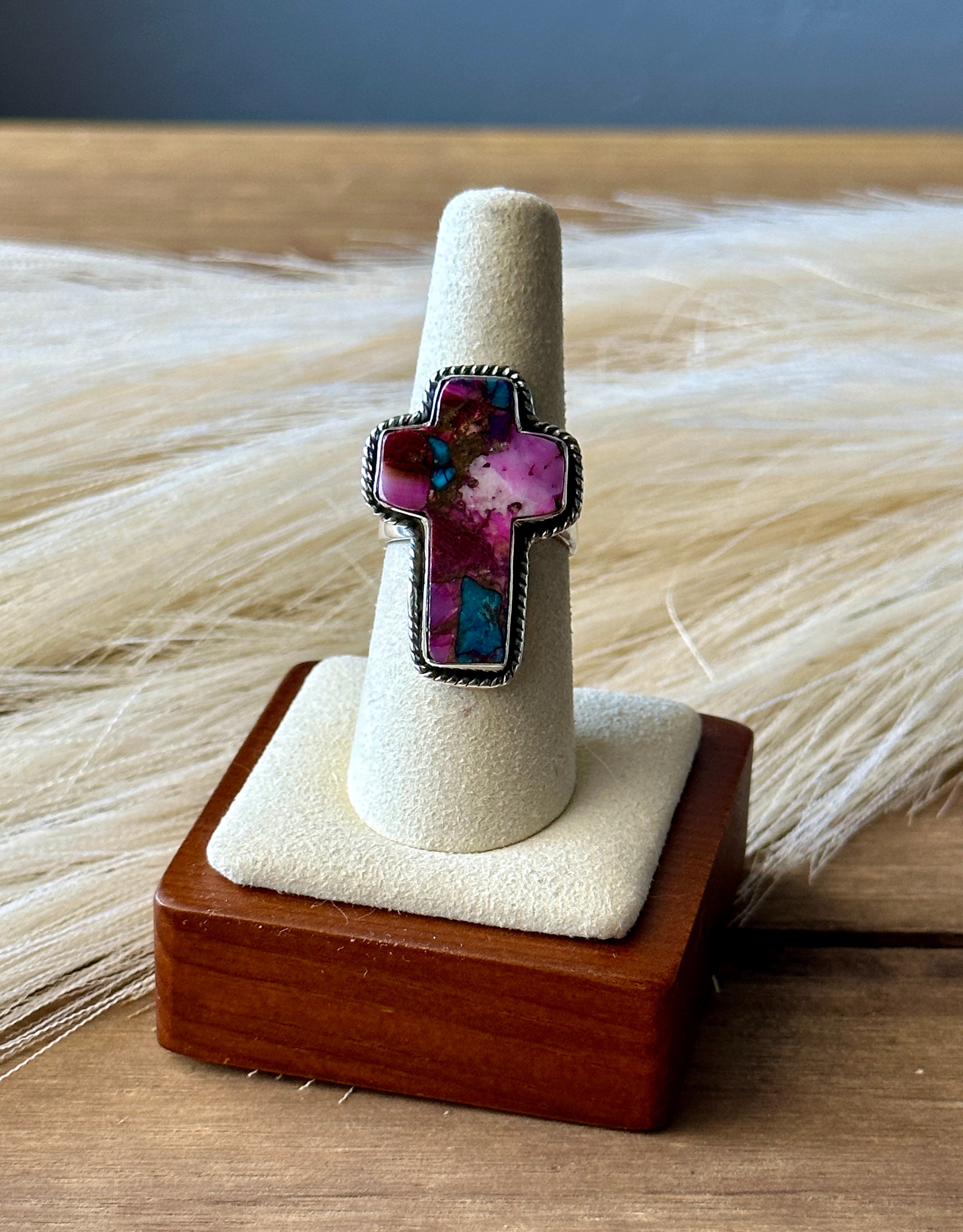 Southwest Handmade Pink Mohave Turquoise & Sterling Silver Adjustable Cross Ring