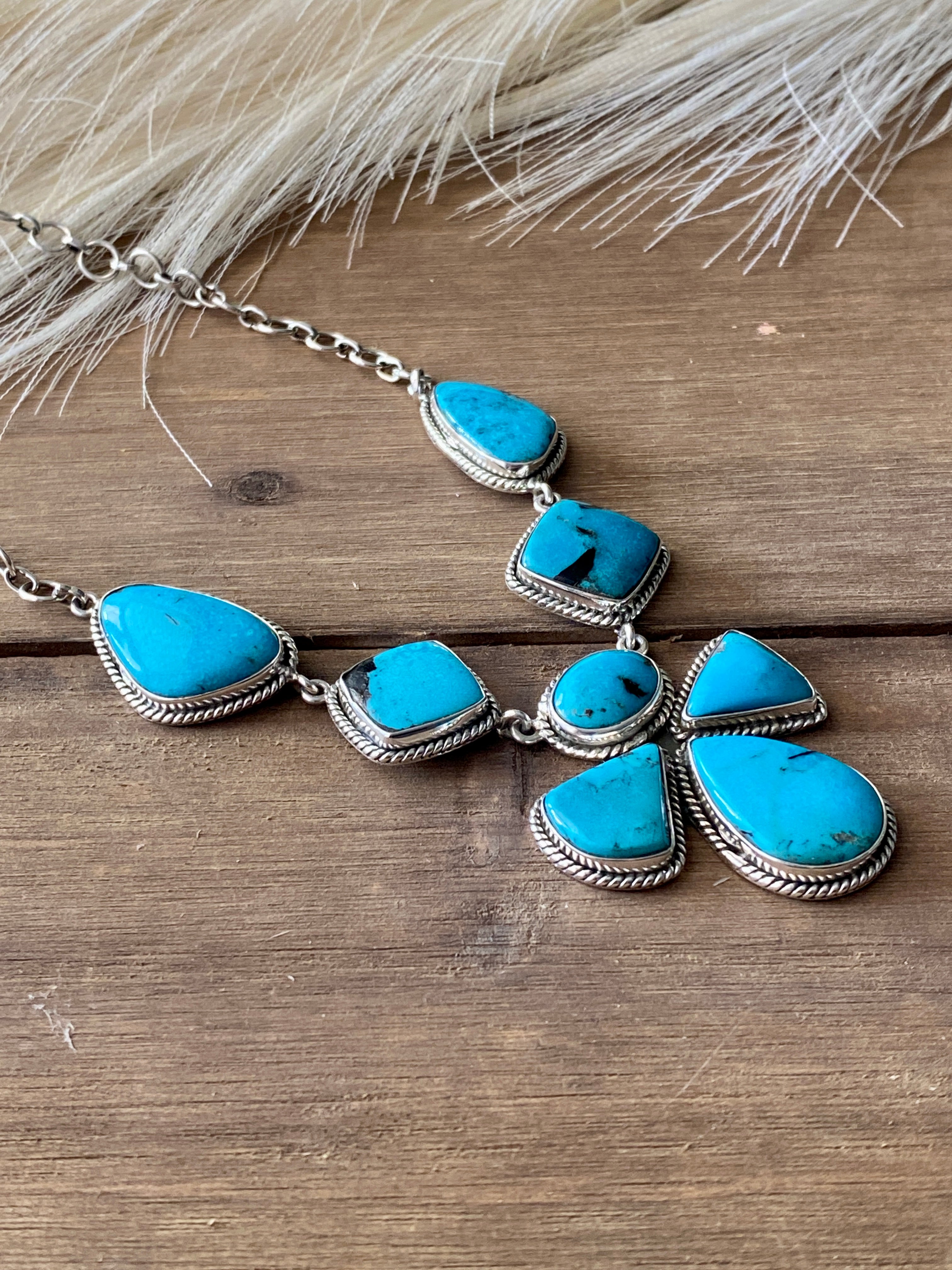Southwest Handmade Kingman Turquoise & Sterling Silver Cluster Necklace