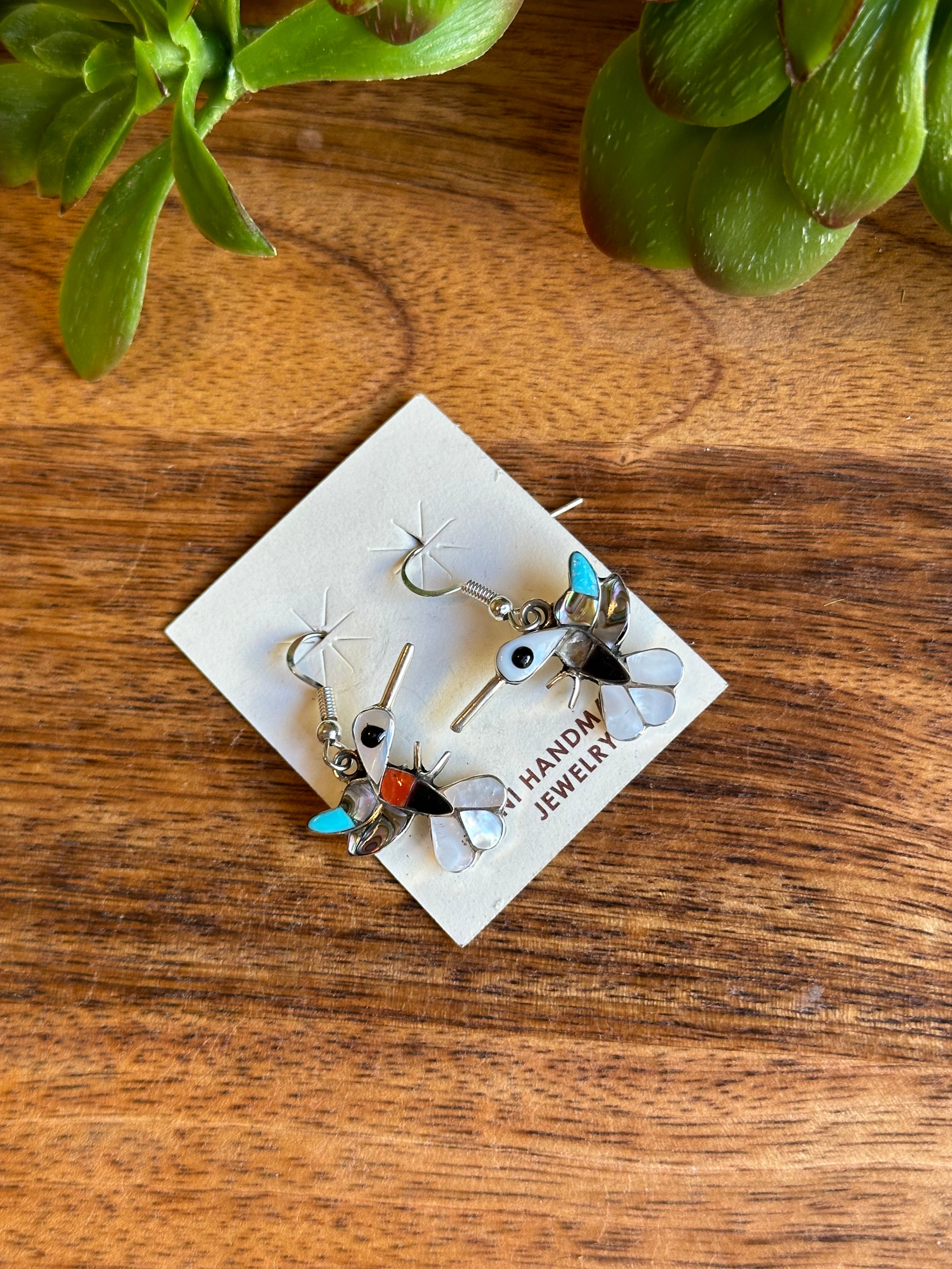 Zuni Made Multi Stone & Sterling Silver Hummingbird Dangle Inlay Earrings