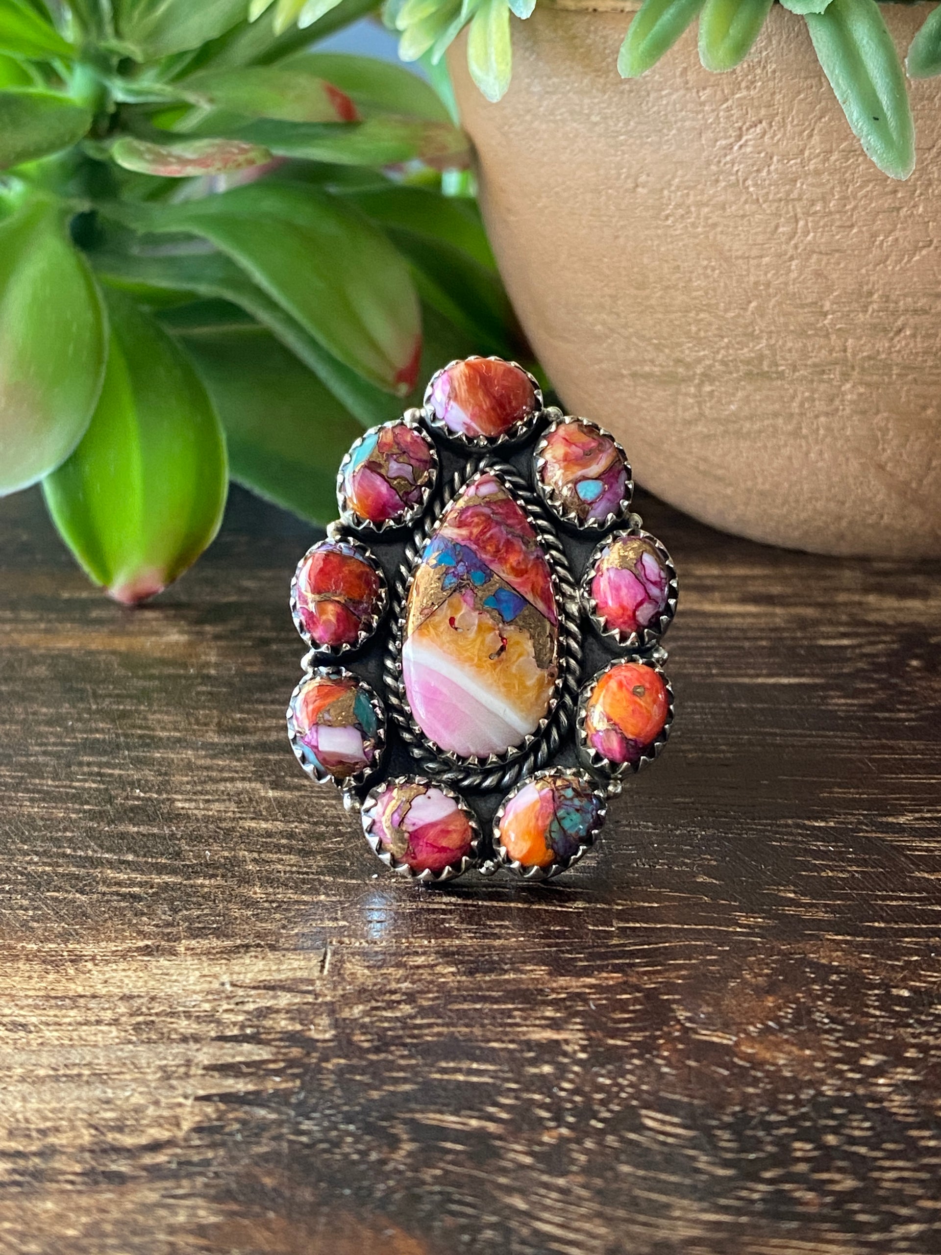 Southwest Handmade Multi Stone & Sterling Silver Adjustable Cluster Ring