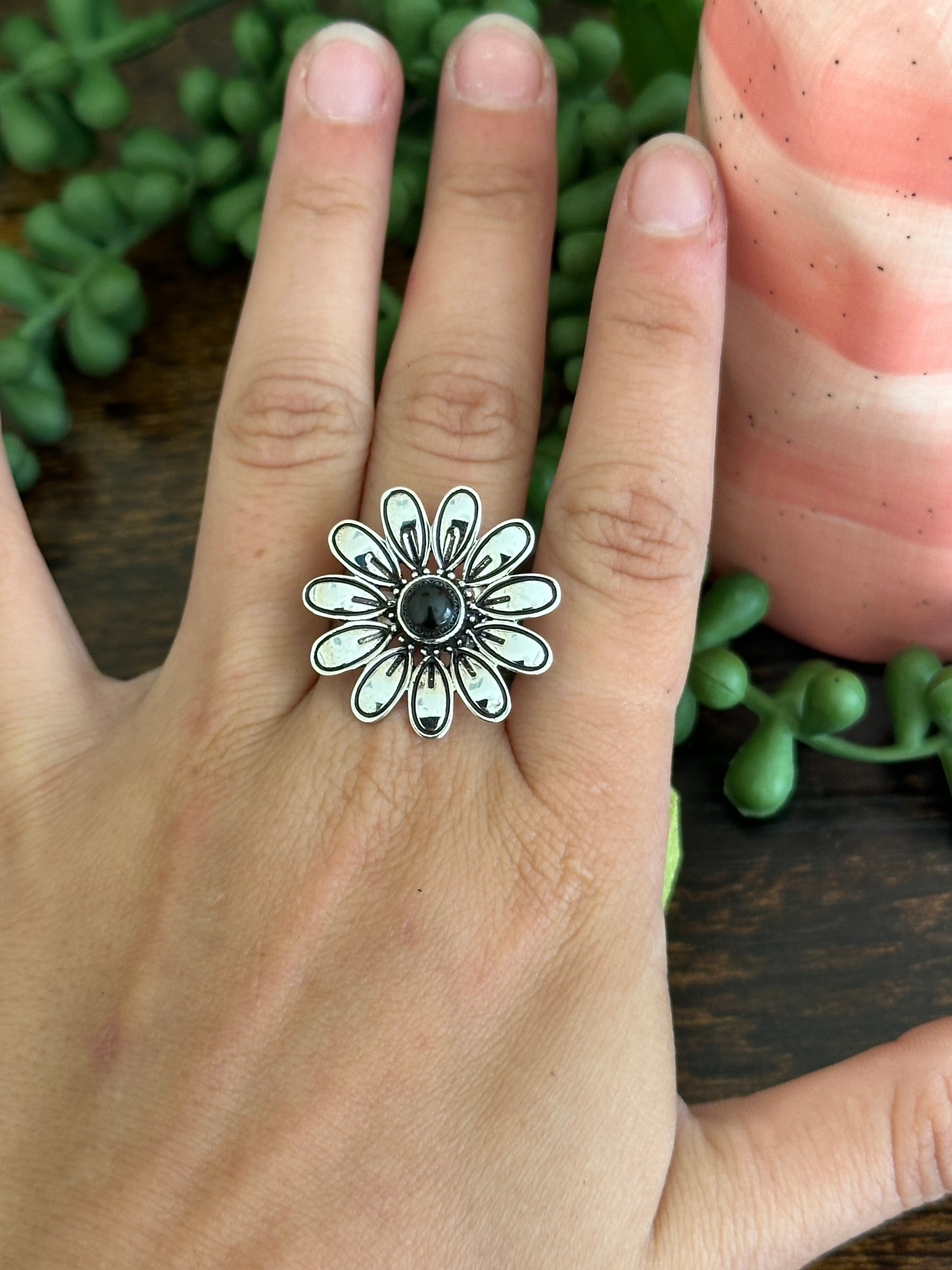 Southwest Made Onyx & Sterling Silver Flower Adjustable Ring