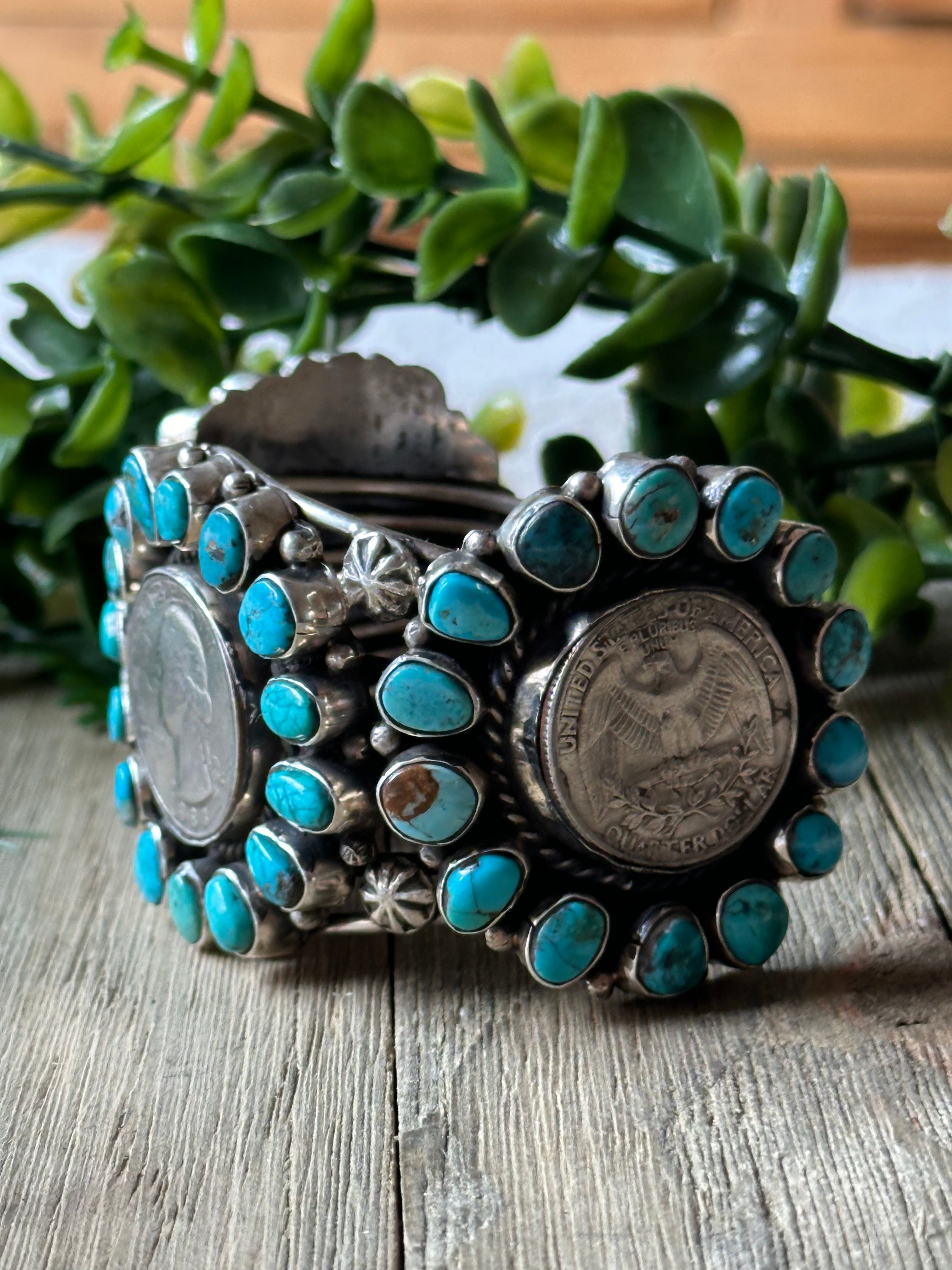 Navajo Made Kingman Turquoise & Sterling Silver Liberty Cuff Bracelet