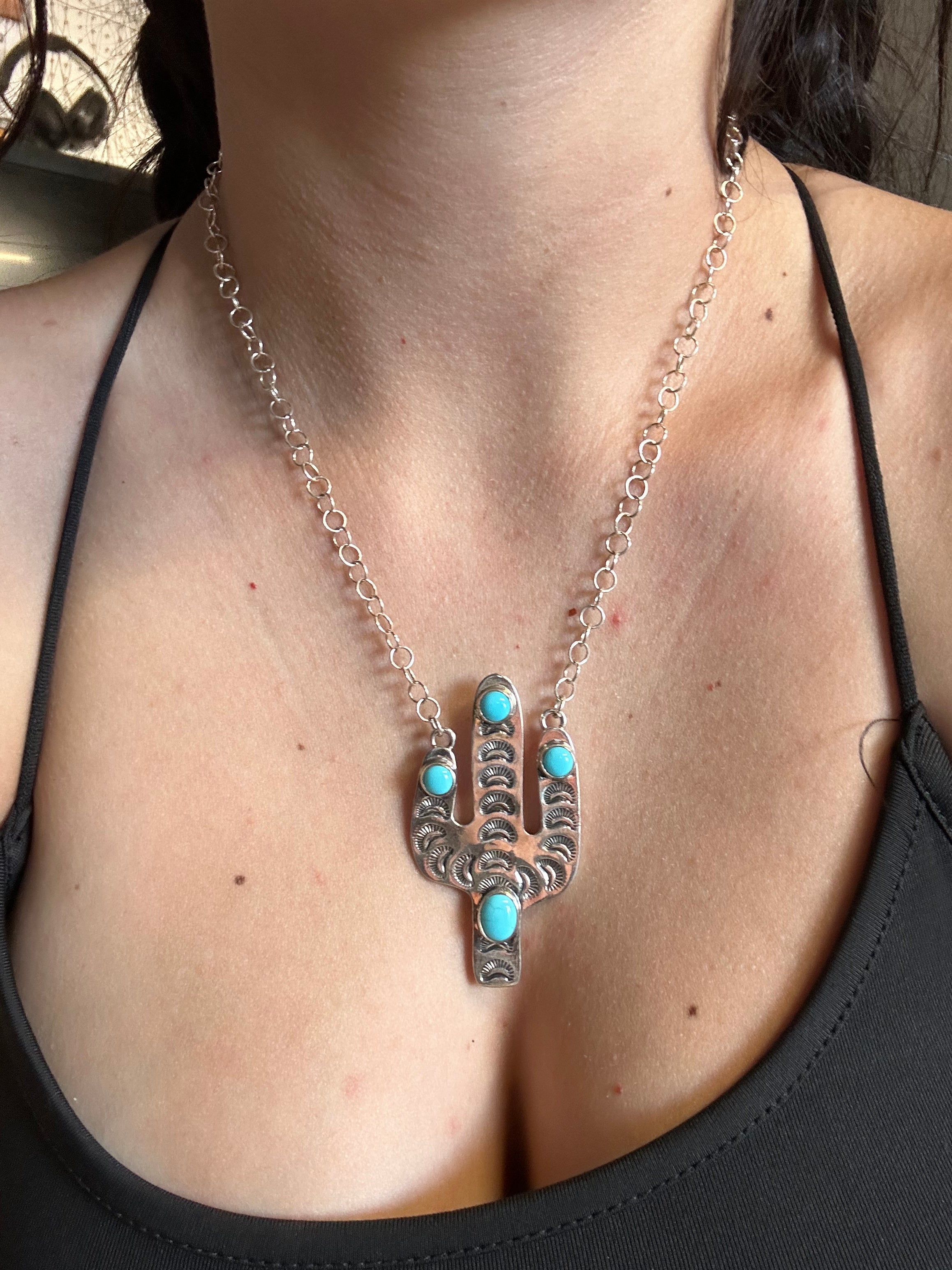 Tim Vandever Kingman Turquoise and Sterling Silver Cactus Necklace