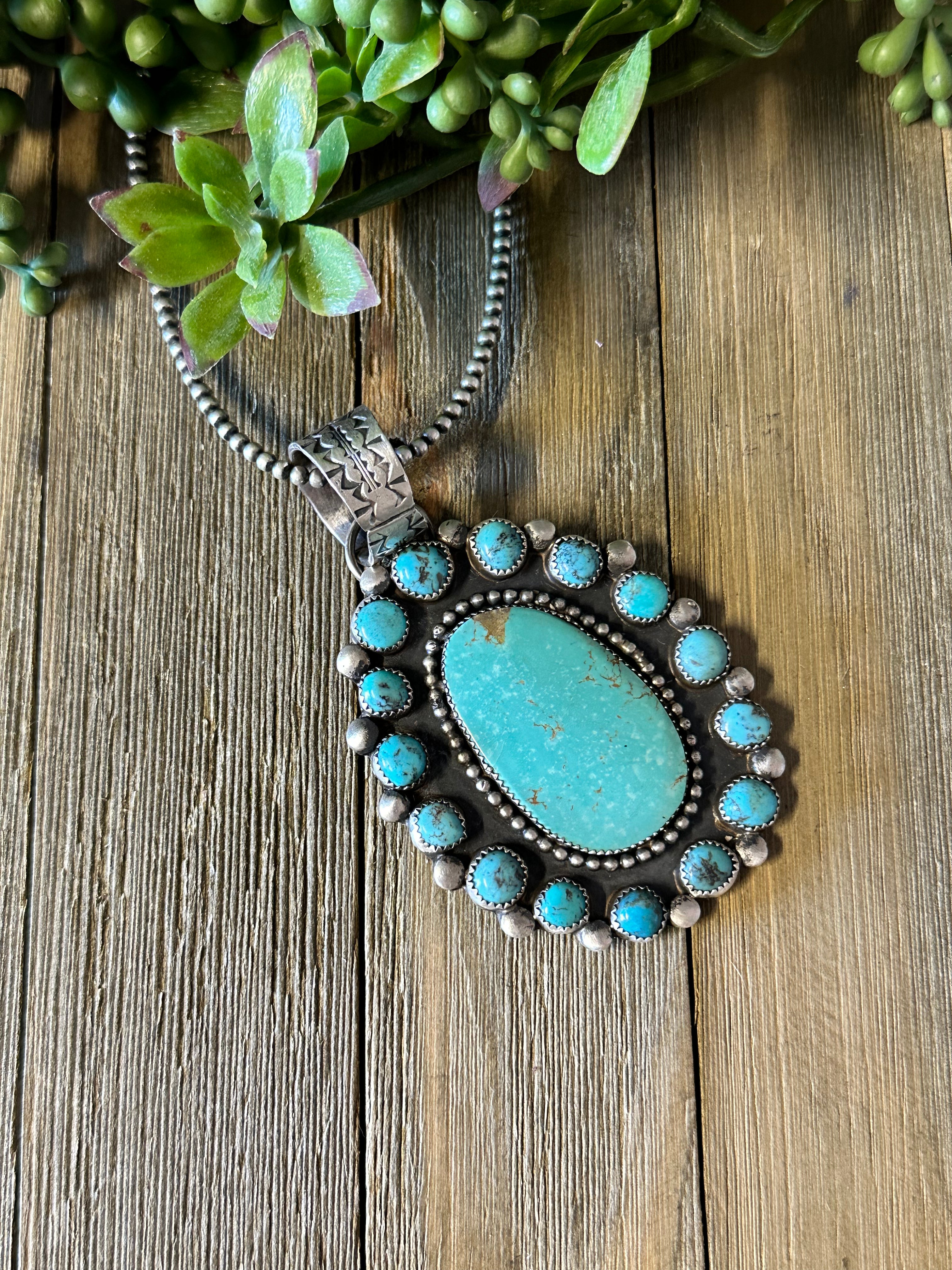 Navajo Made Kingman Turquoise & Sterling Silver Pendant