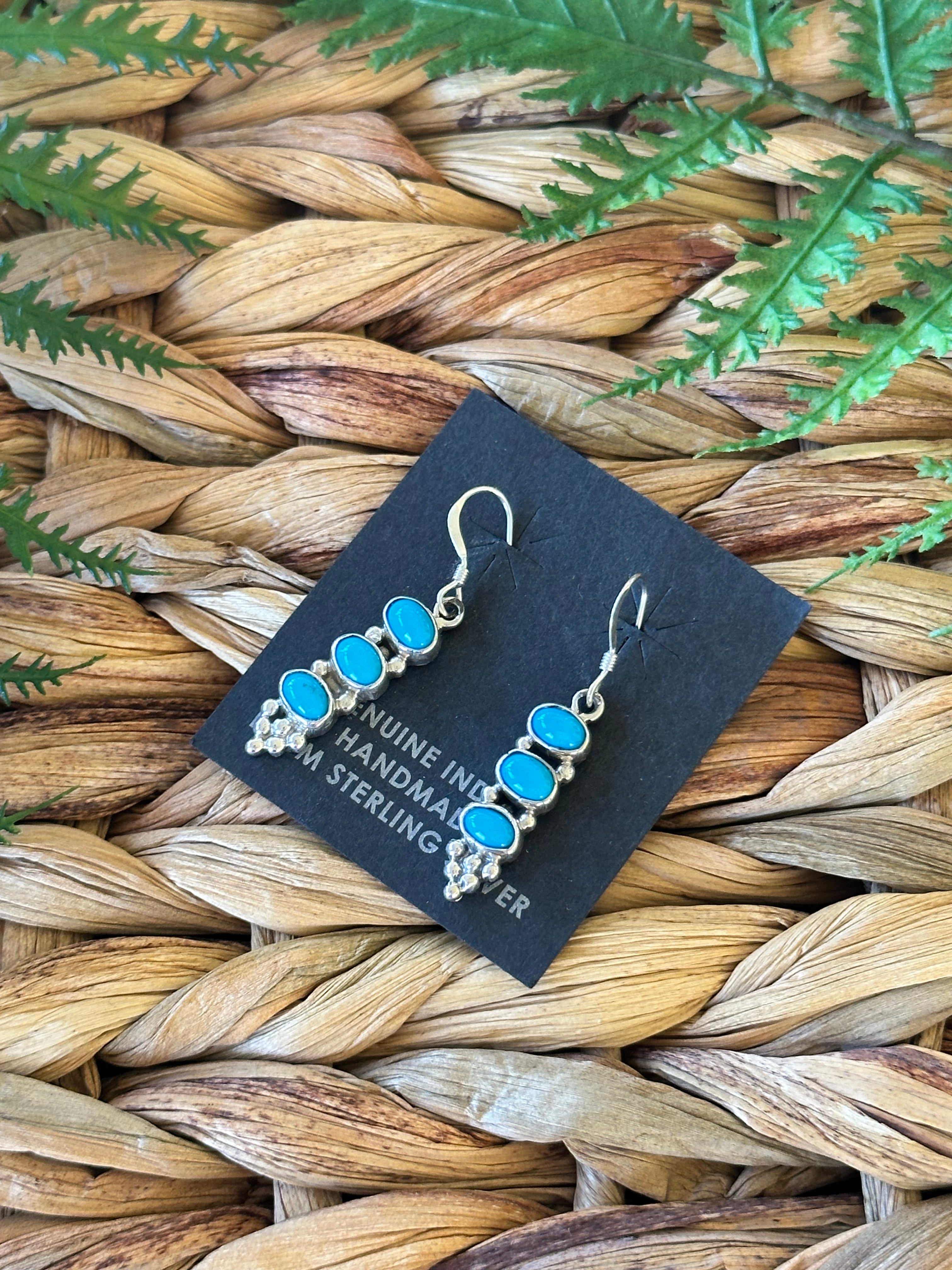 Navajo Made Kingman Turquoise Sterling Silver Dangle Earrings