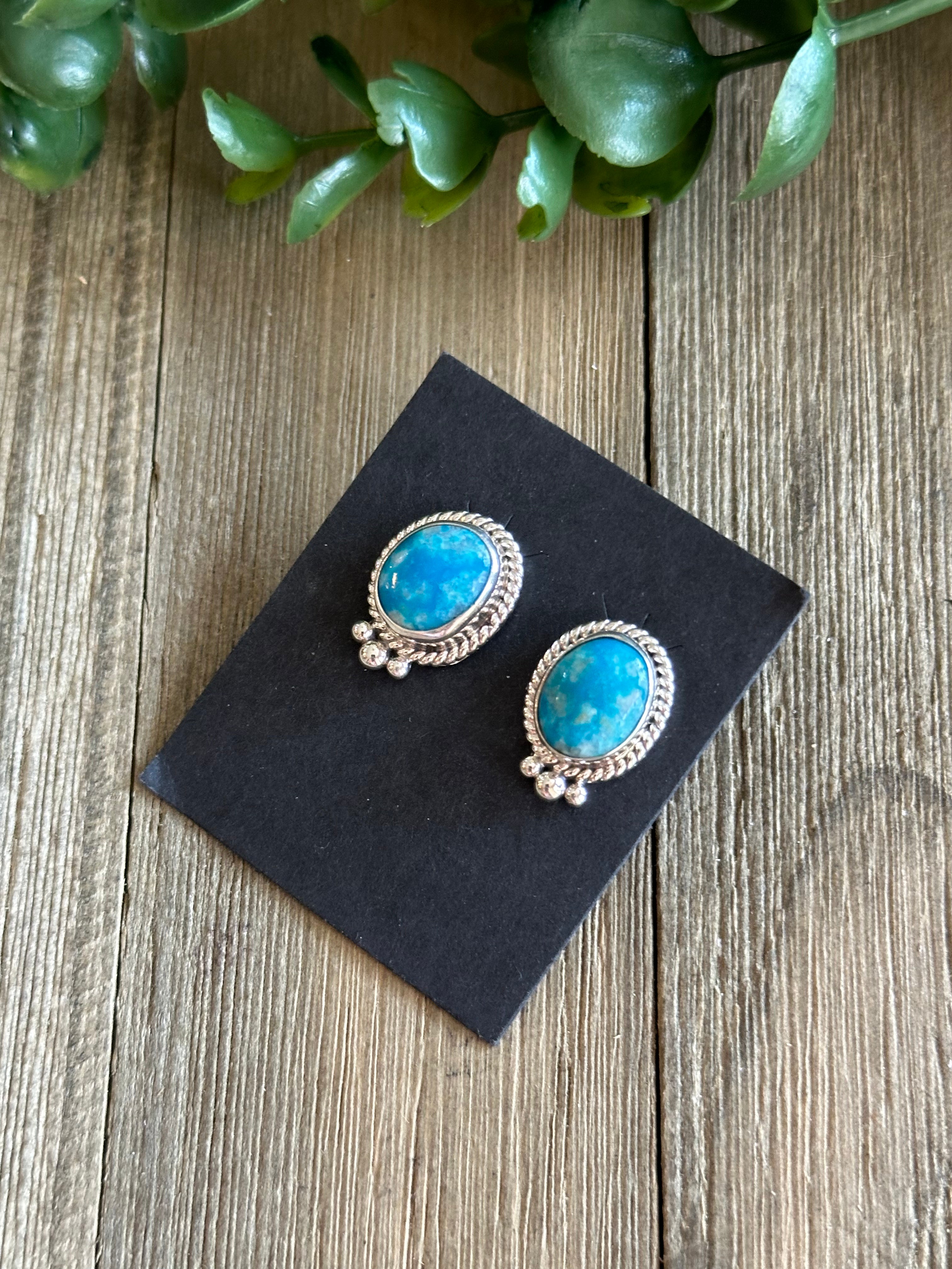 Navajo Made Kingman Turquoise & Sterling Silver Post Earrings