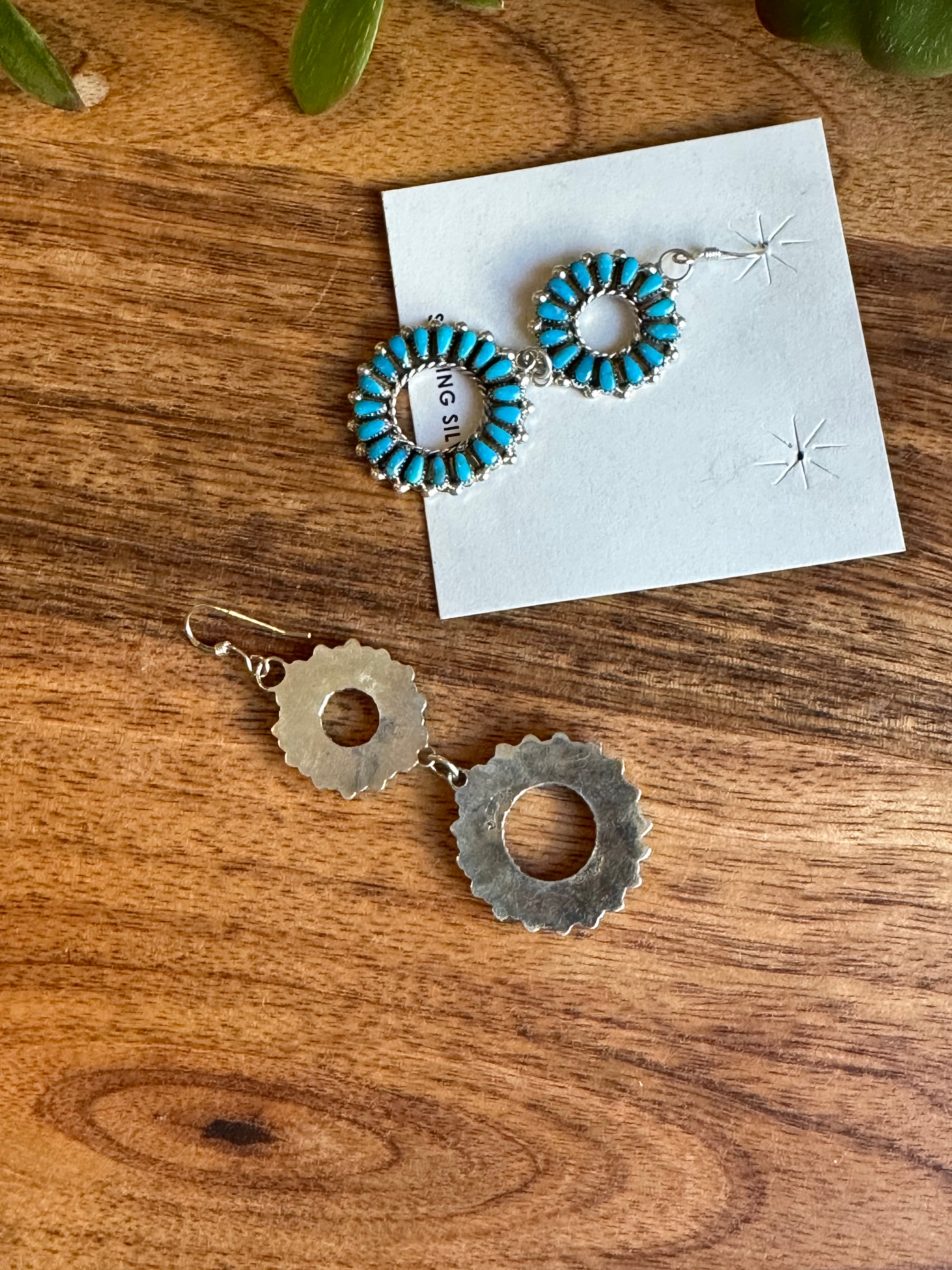 Zuni Made Kingman Turquoise & Sterling Silver Cluster Dangle Earrings