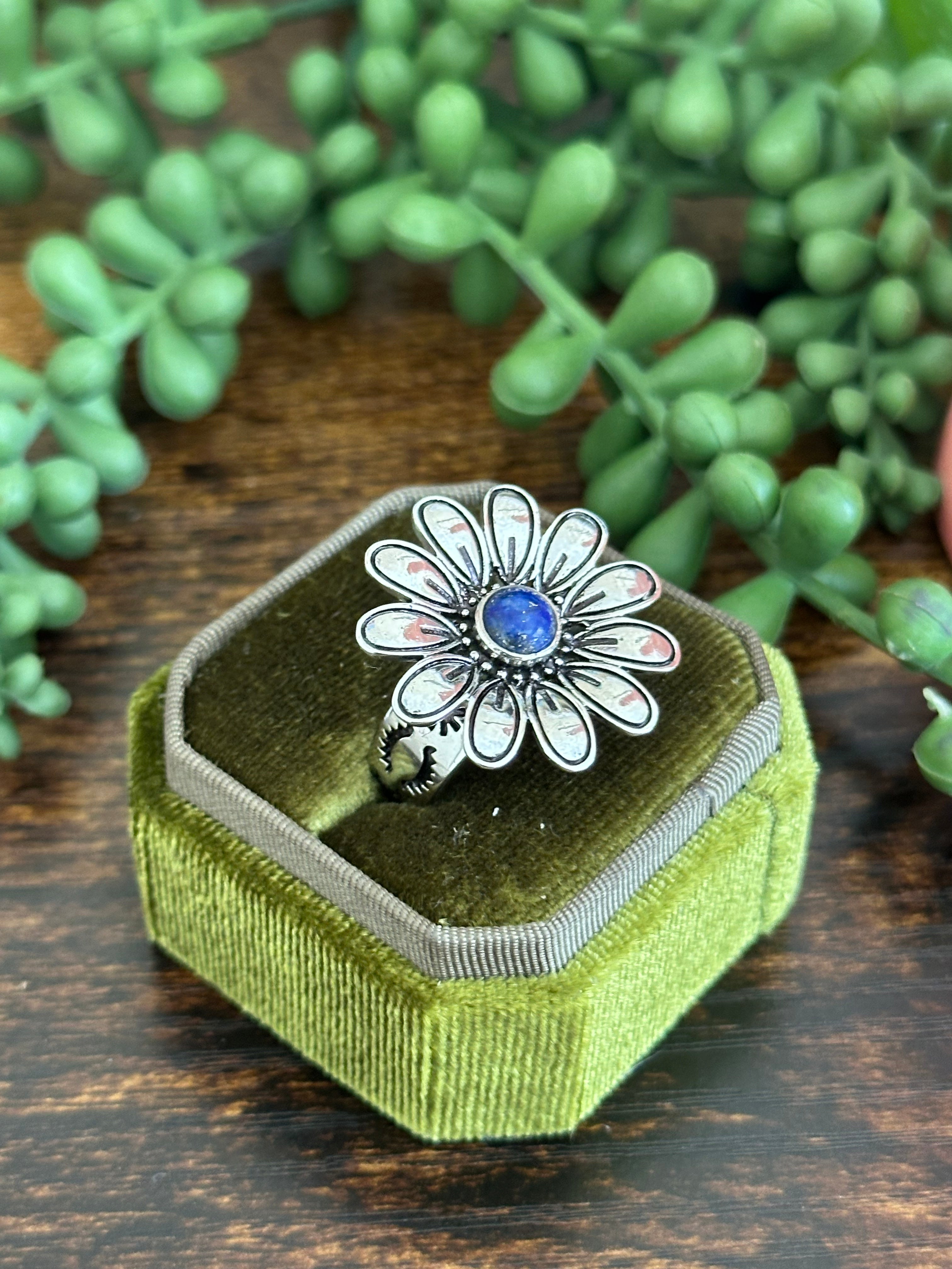 Southwest Made Lapis & Sterling Silver Flower Adjustable Ring