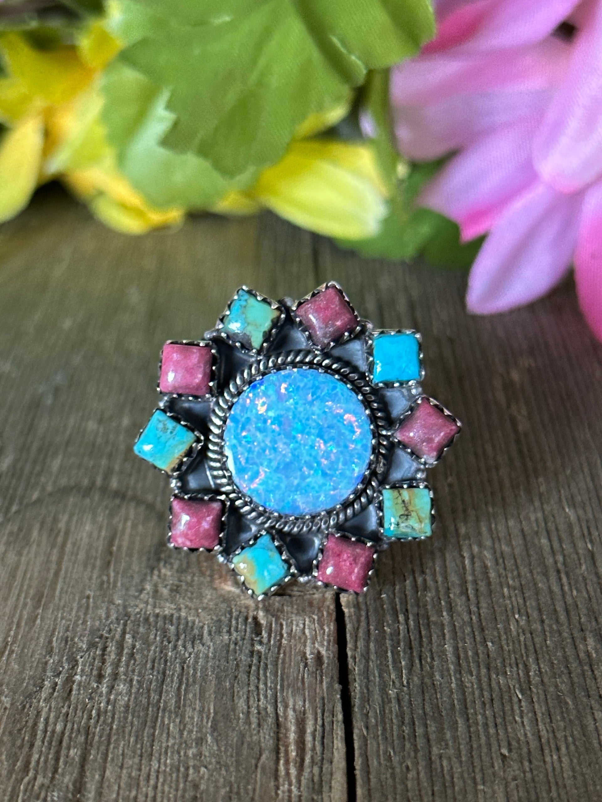 Southwest Handmade Multi Stone & Sterling Silver Adjustable Ring