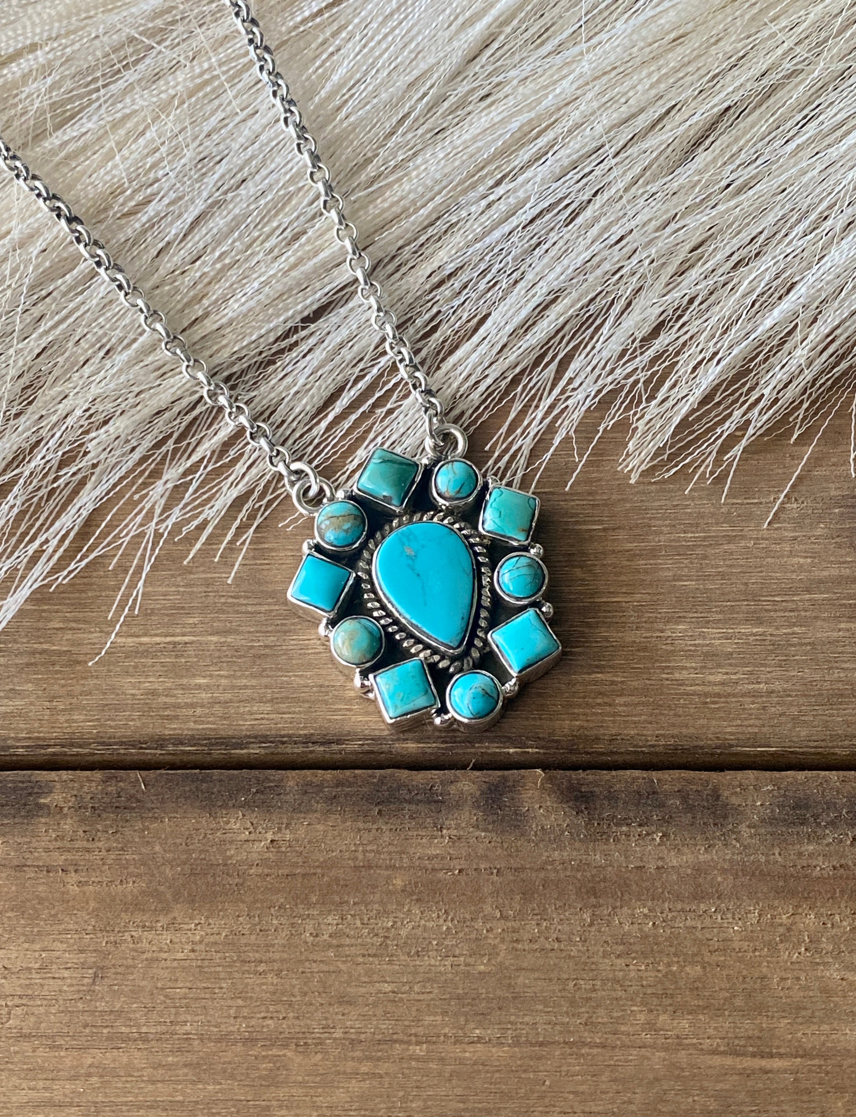 Southwest Handmade Kingman Turquoise & Sterling Silver Cluster Necklace