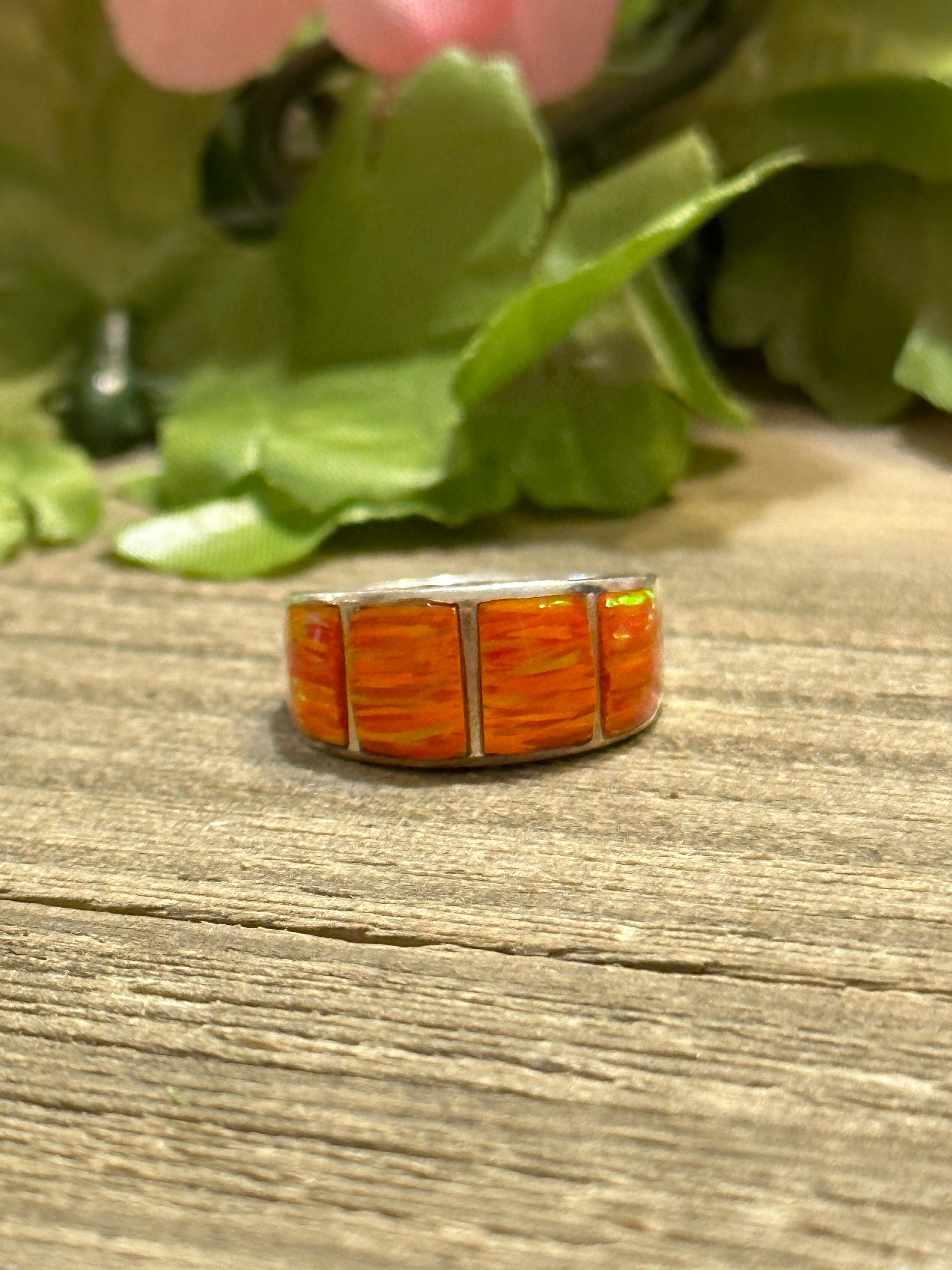 Navajo Made Opal (Man Made) & Sterling Silver Inlay Ring Size 6.75