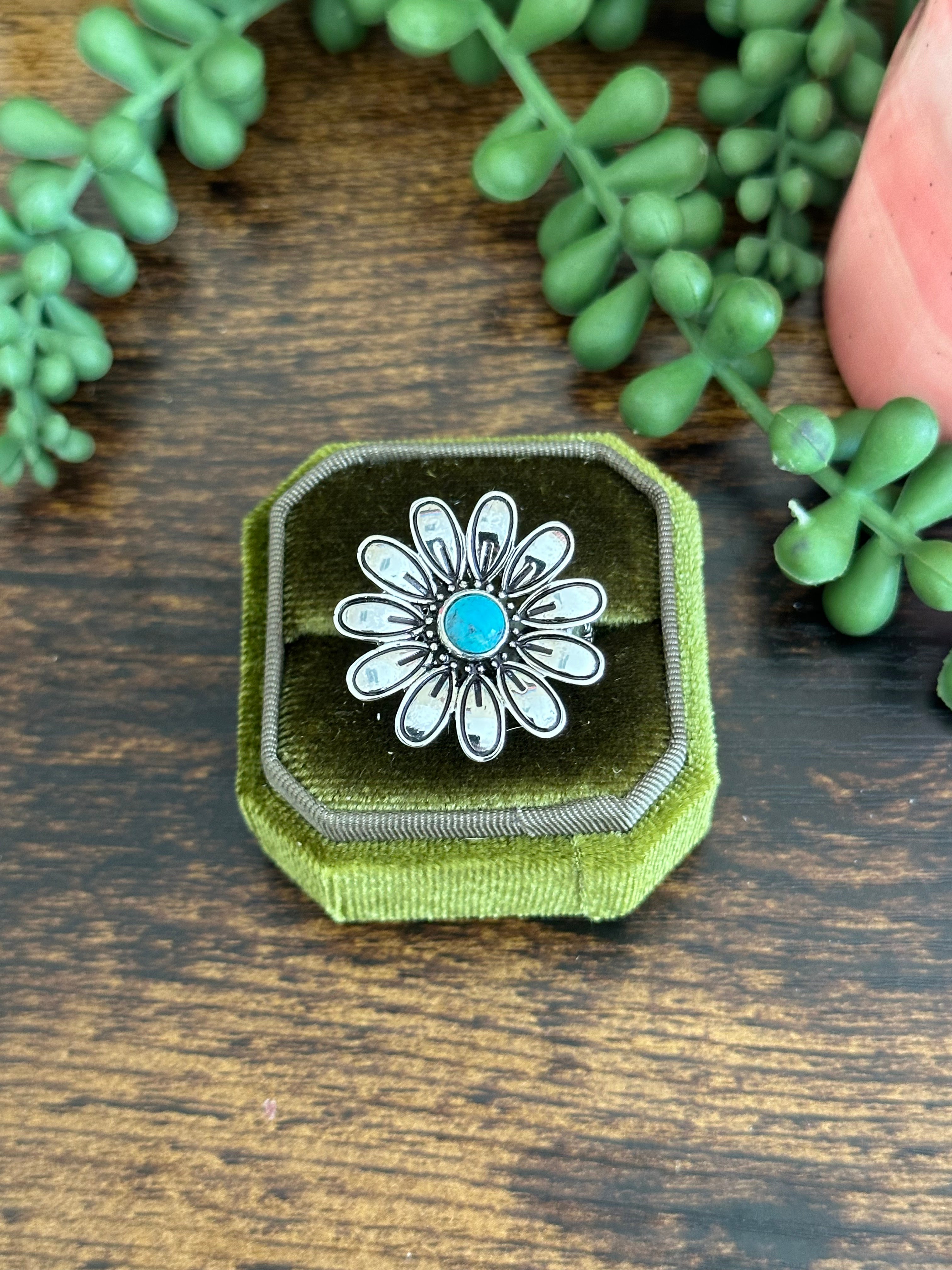 Southwest Made Turquoise & Sterling Silver Flower Adjustable Ring