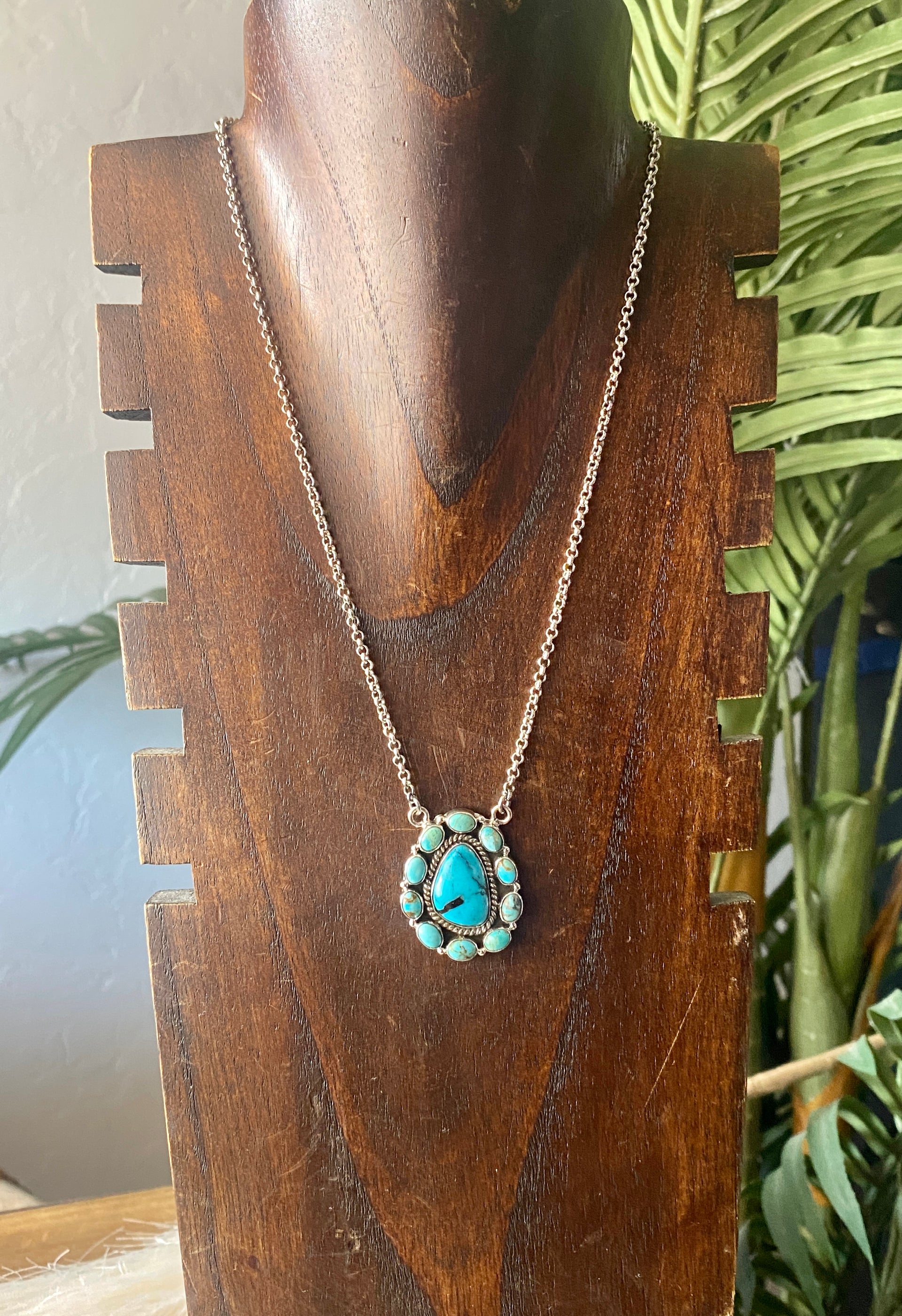 Southwest Handmade Kingman Turquoise & Sterling Silver Cluster Necklace