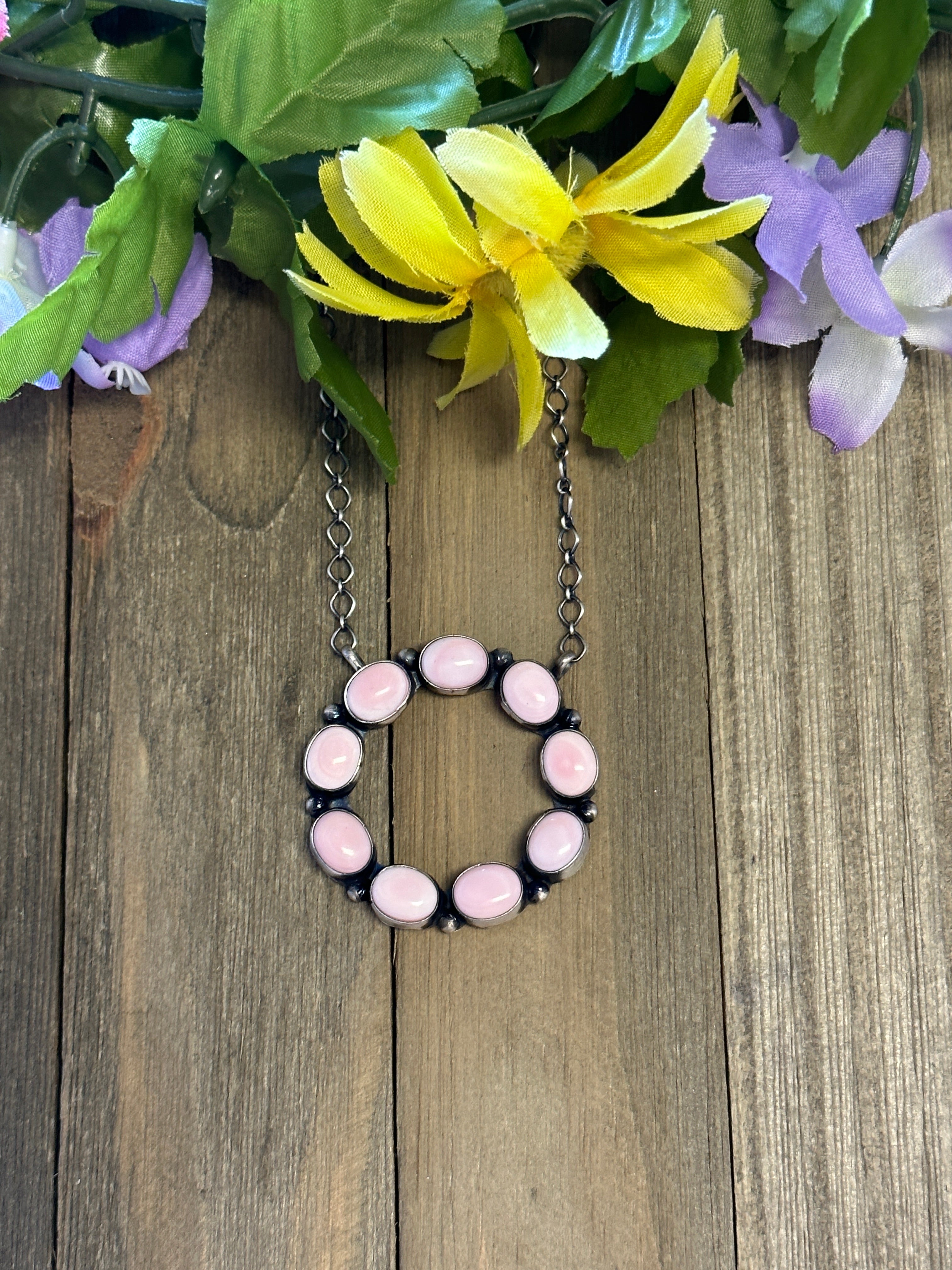 Navajo Made Pink Conch & Sterling Silver Necklace