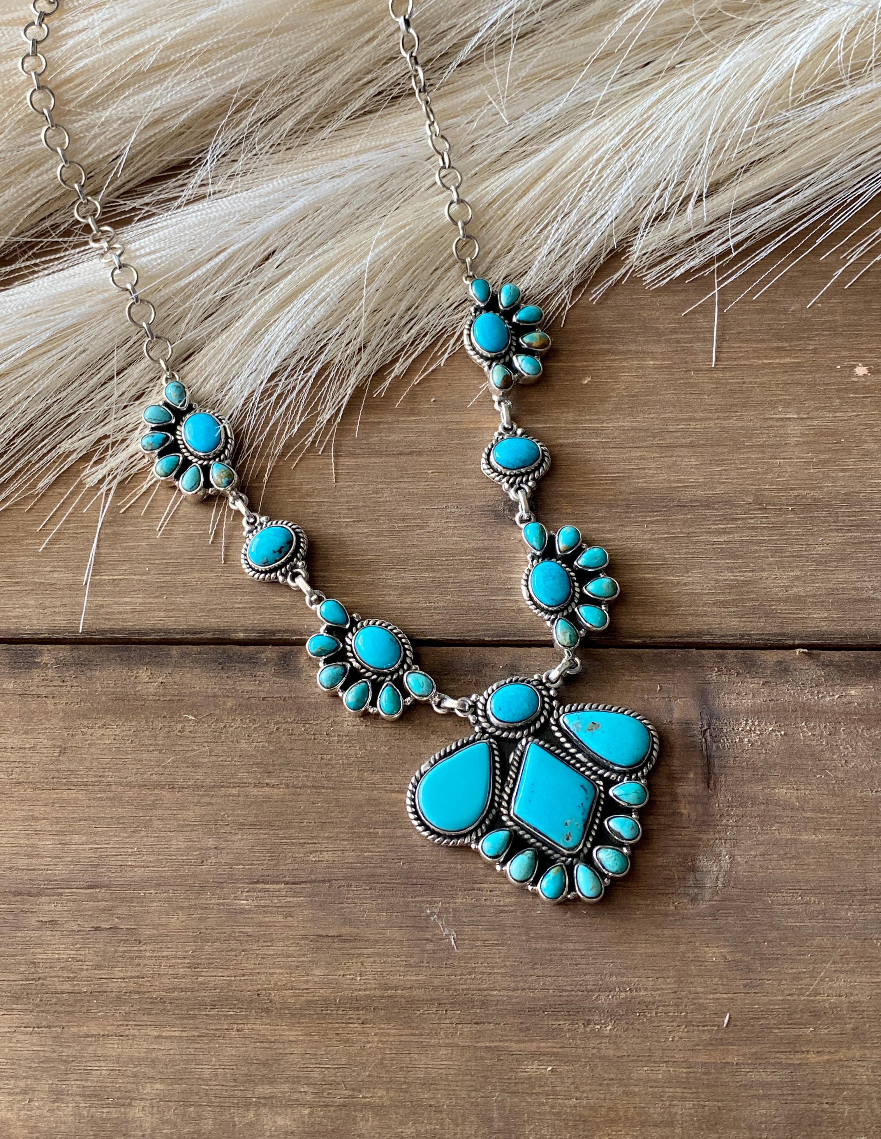 Southwest Handmade Kingman Turquoise & Sterling Silver Cluster Necklace