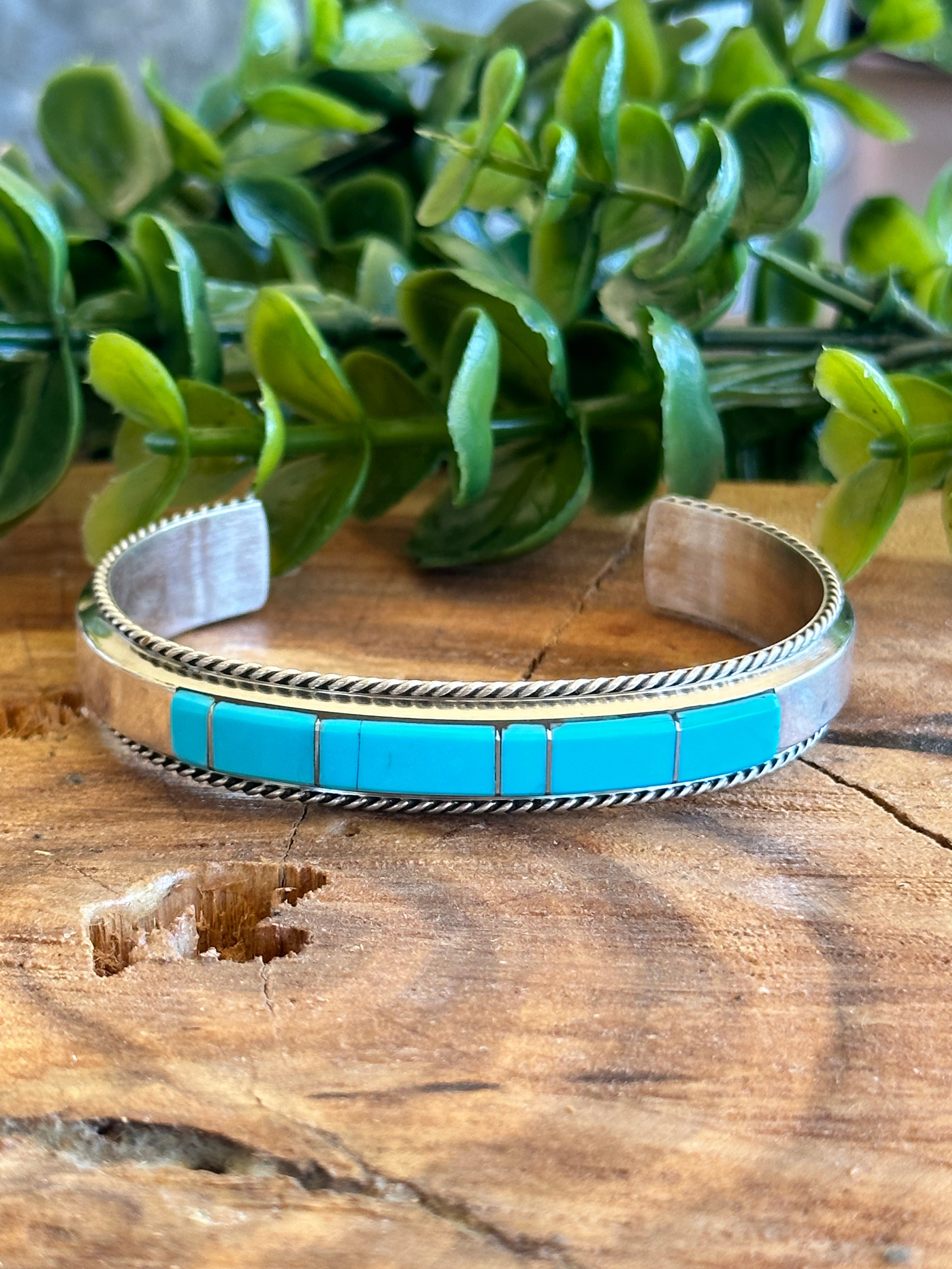 Francis Yazzie Kingman Turquoise & Sterling Silver Inlay Cuff Bracelet