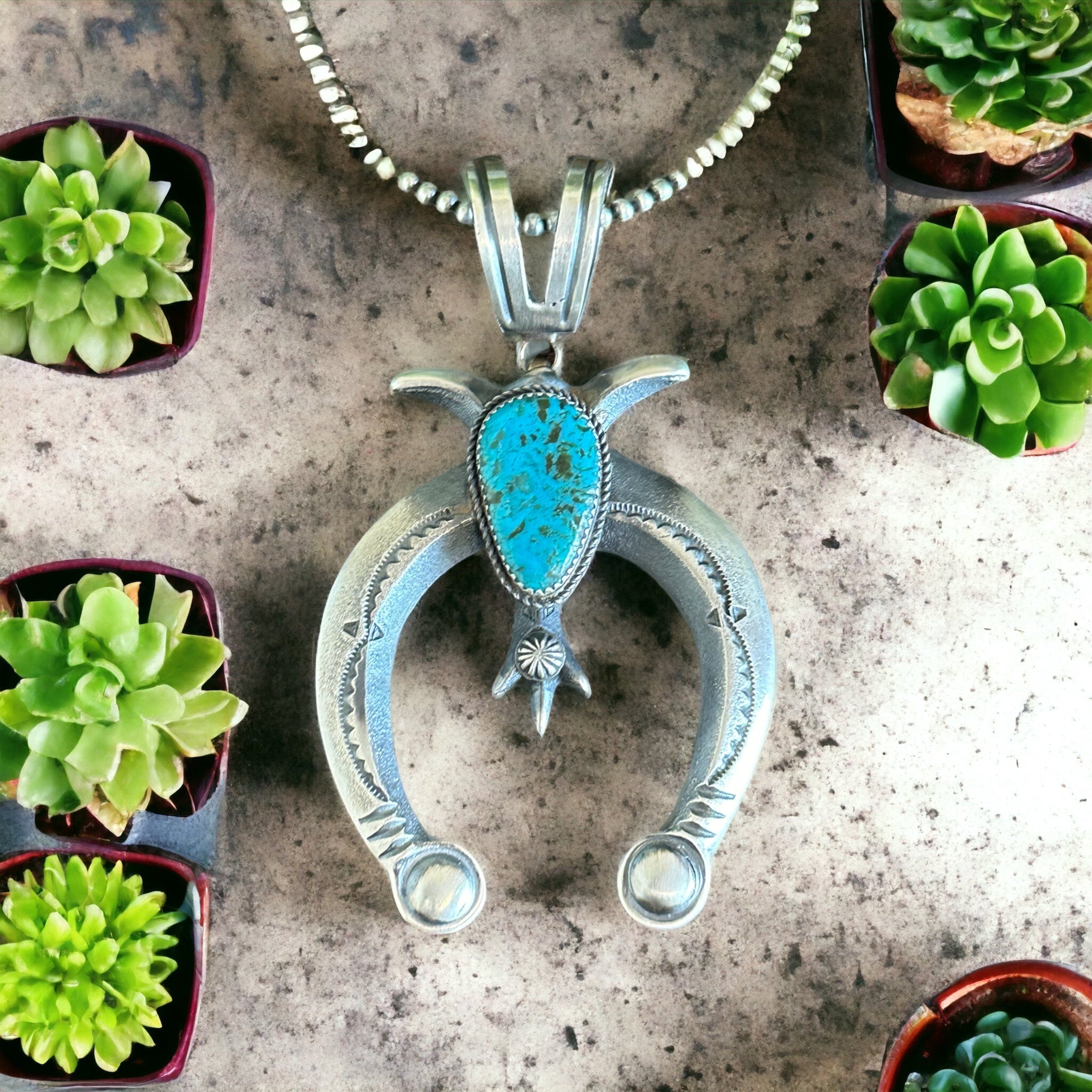 Navajo Made Kingman Turquoise & Sterling Silver Naja Pendant