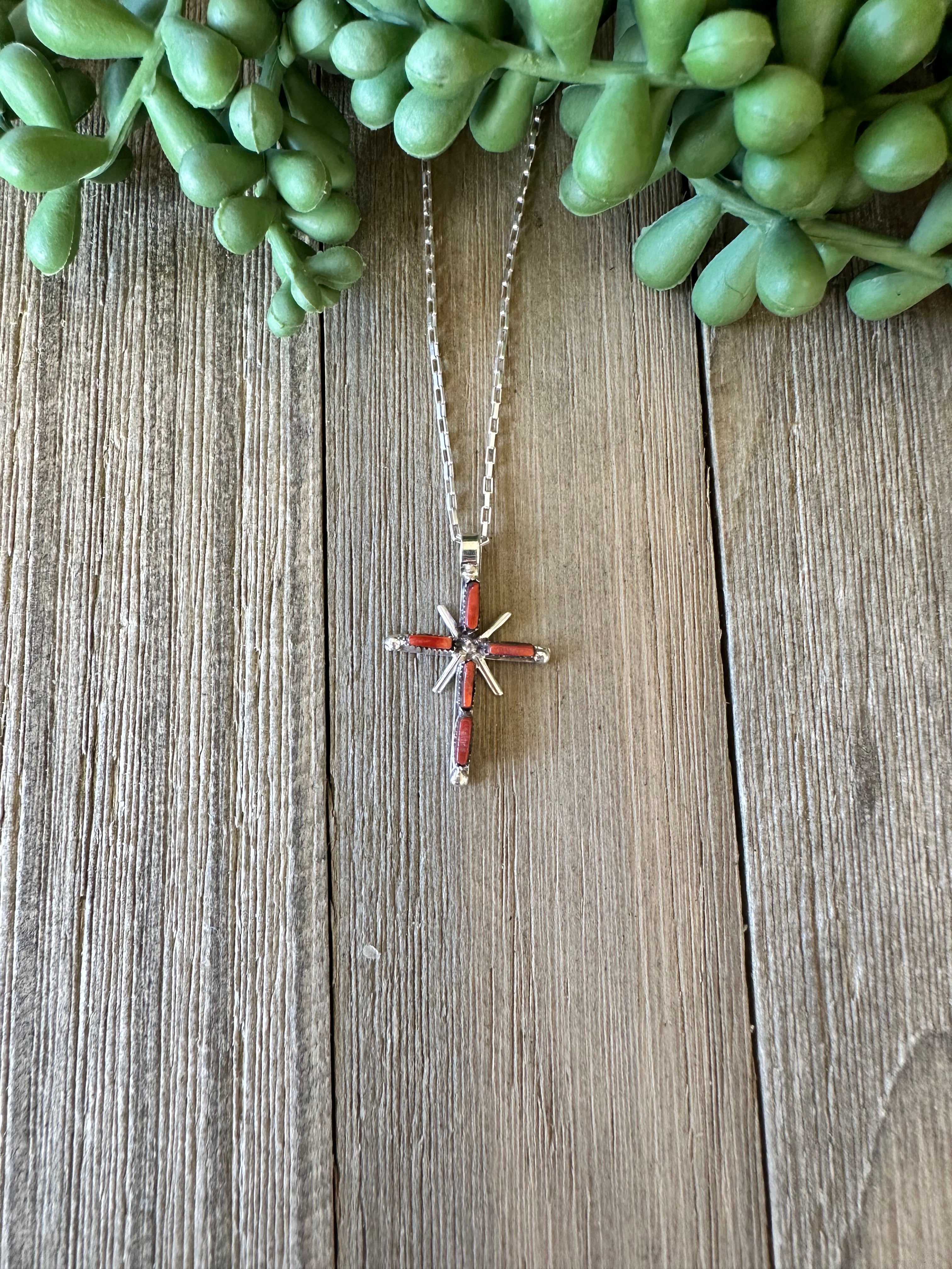 Zuni Made Red Coral & Sterling Silver Cross Pendant