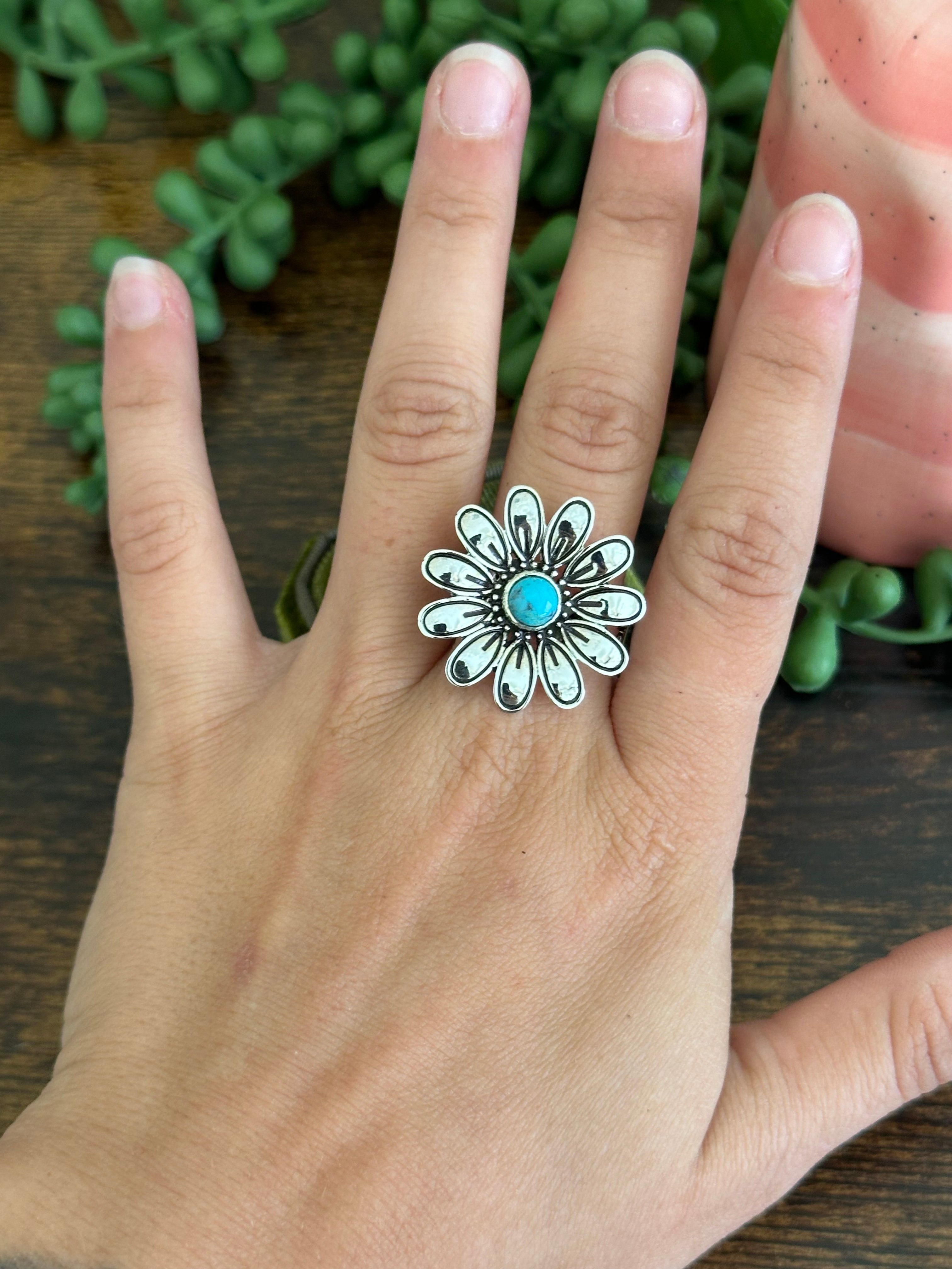 Southwest Made Turquoise & Sterling Silver Flower Adjustable Ring