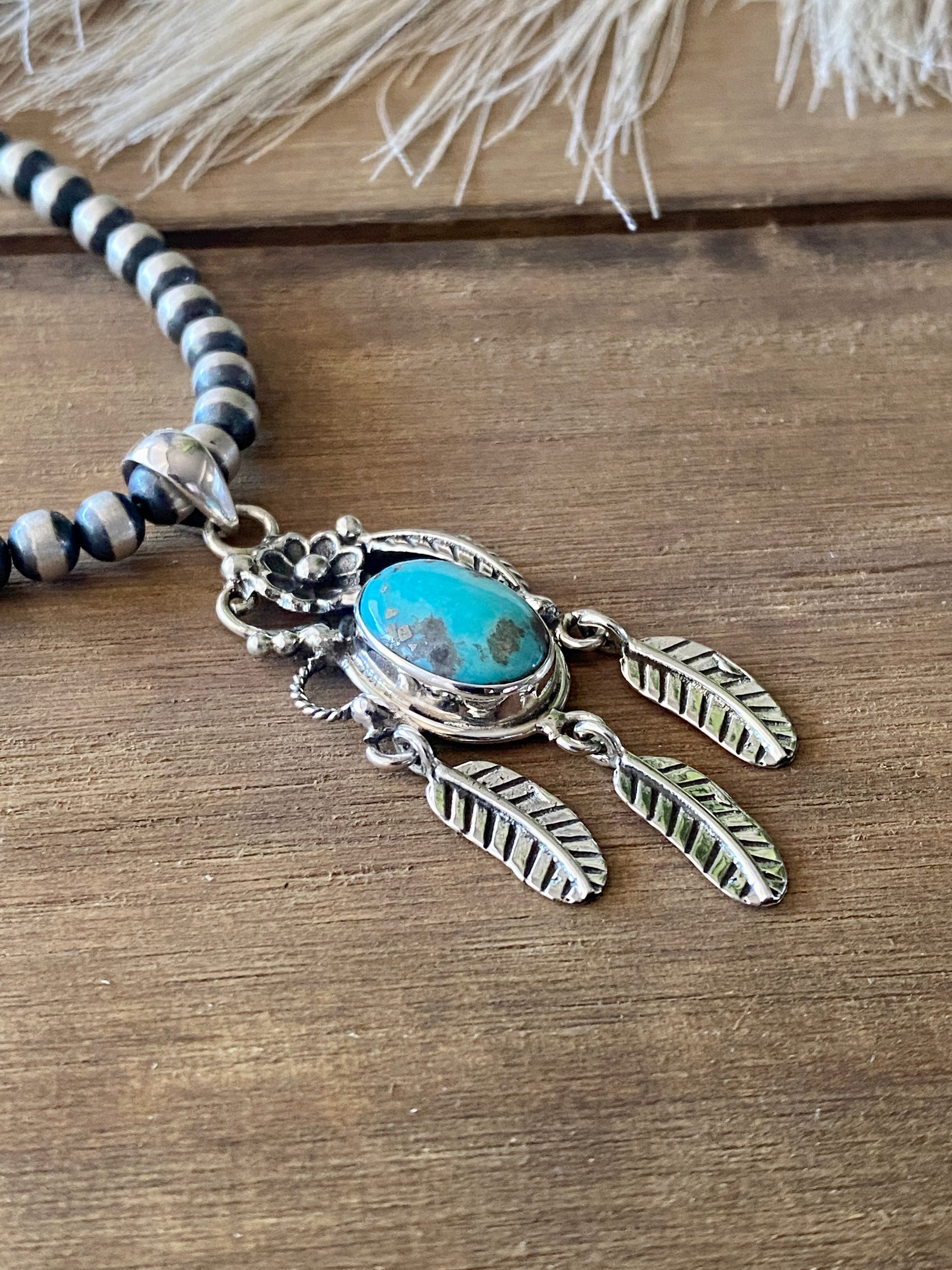 Southwest Handmade Kingman Turquoise & Sterling Silver Feather Pendant