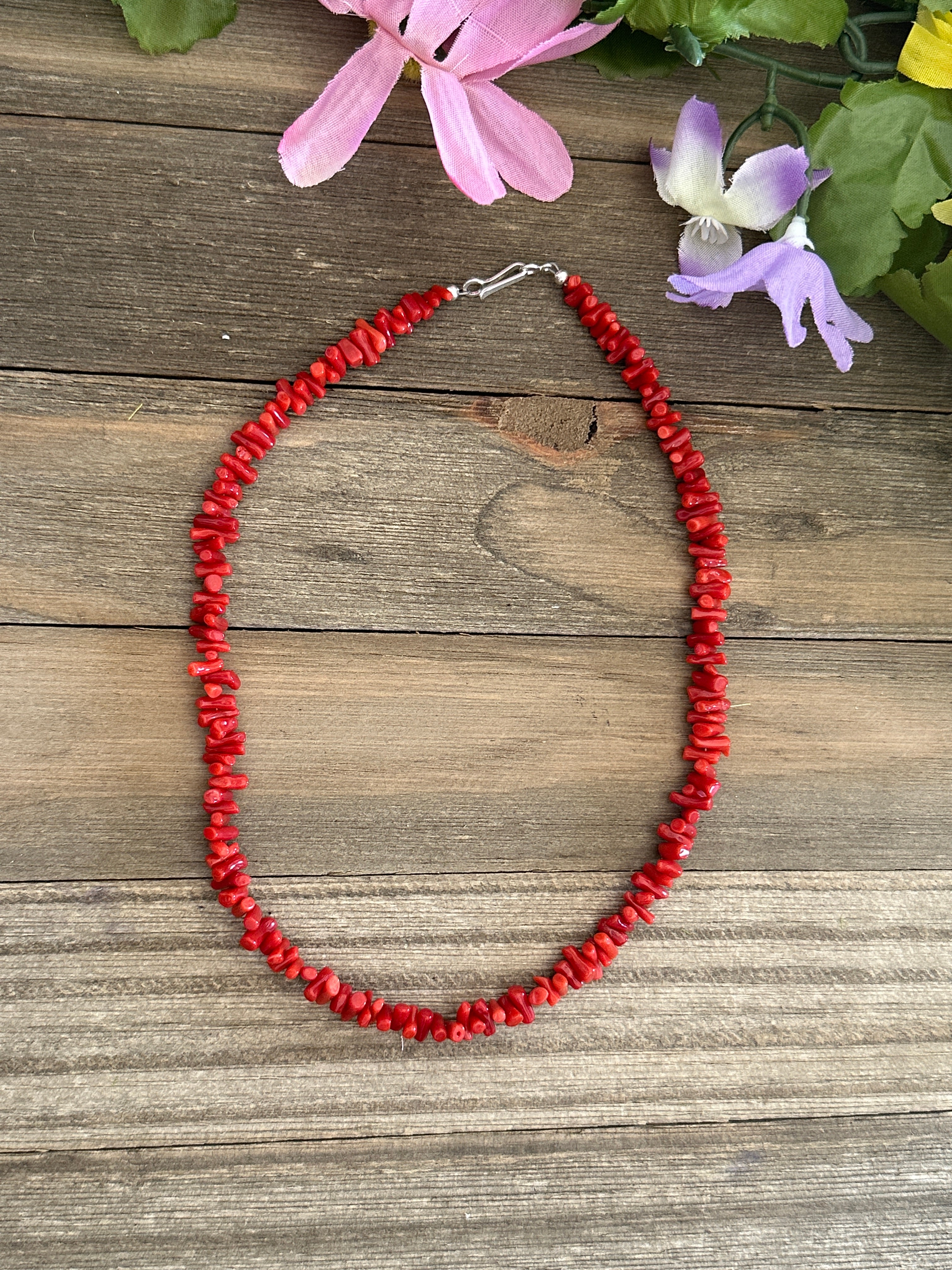 Navajo Strung Red Coral & Sterling Silver Beaded Necklace