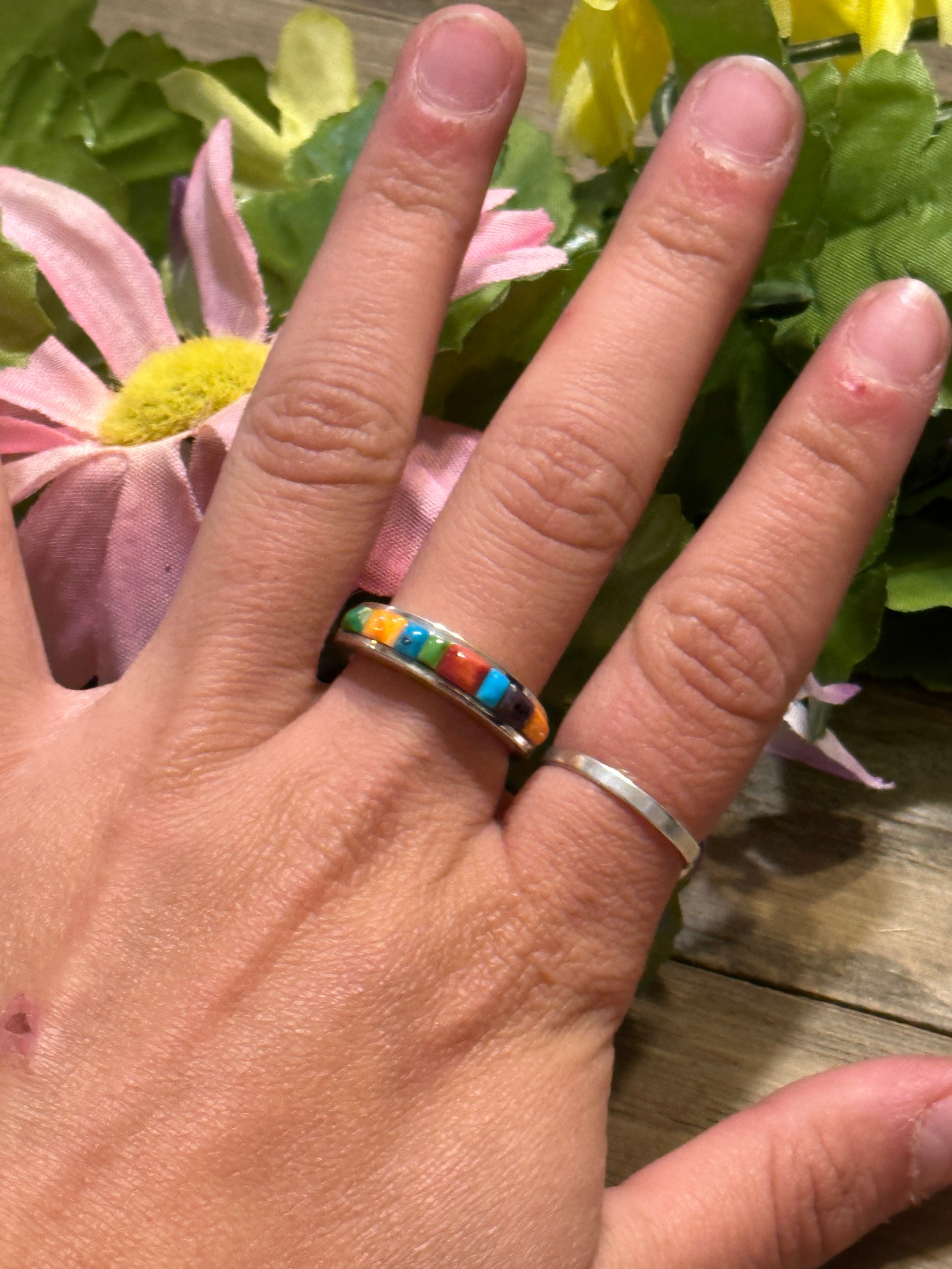 Navajo Made Multi Stone & Sterling Silver Ring Size 7.5