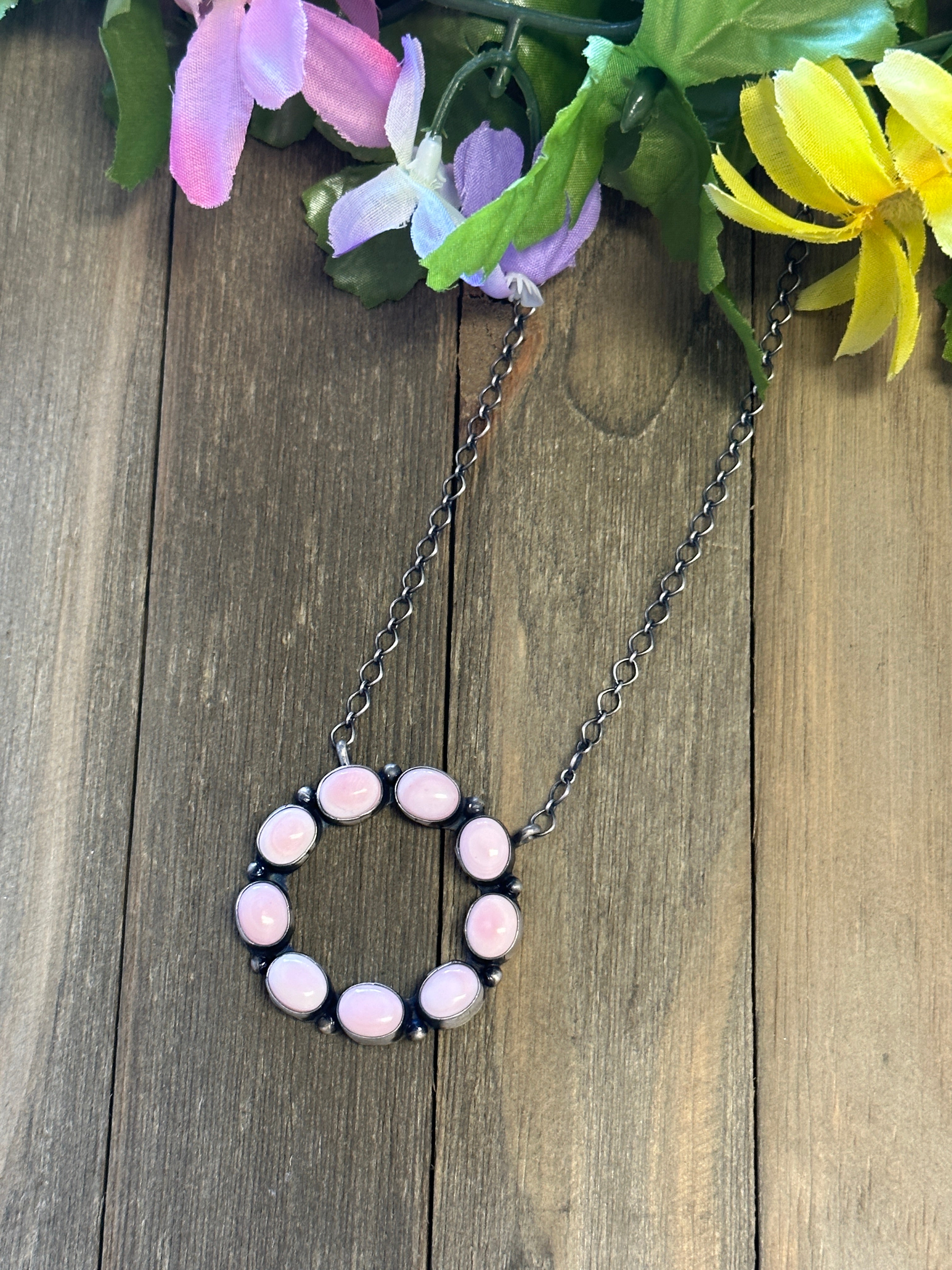 Navajo Made Pink Conch & Sterling Silver Necklace