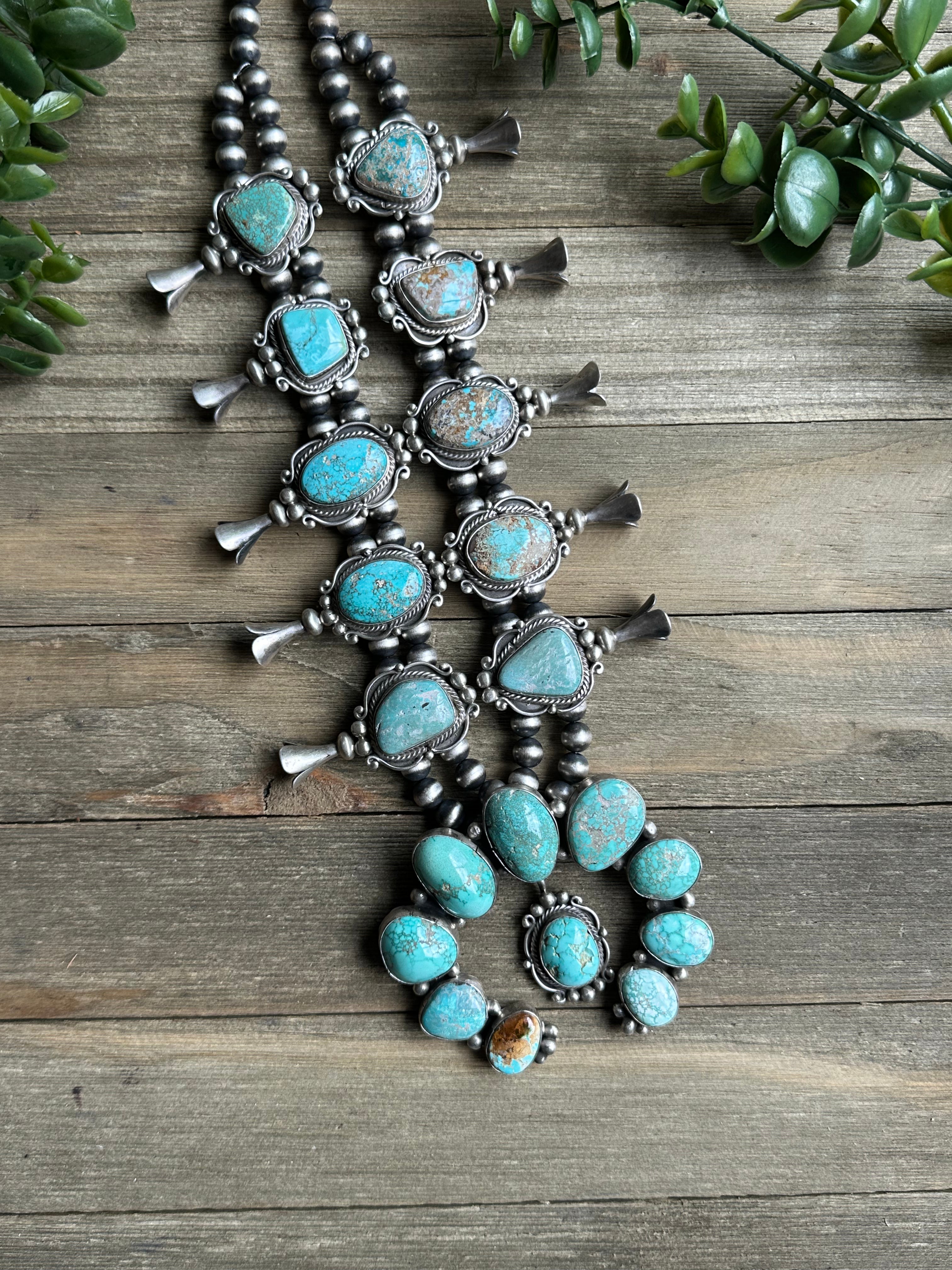 Sheila Becenti Carico Lake Turquoise & Sterling Silver Squash Naja Blossom Necklace Set