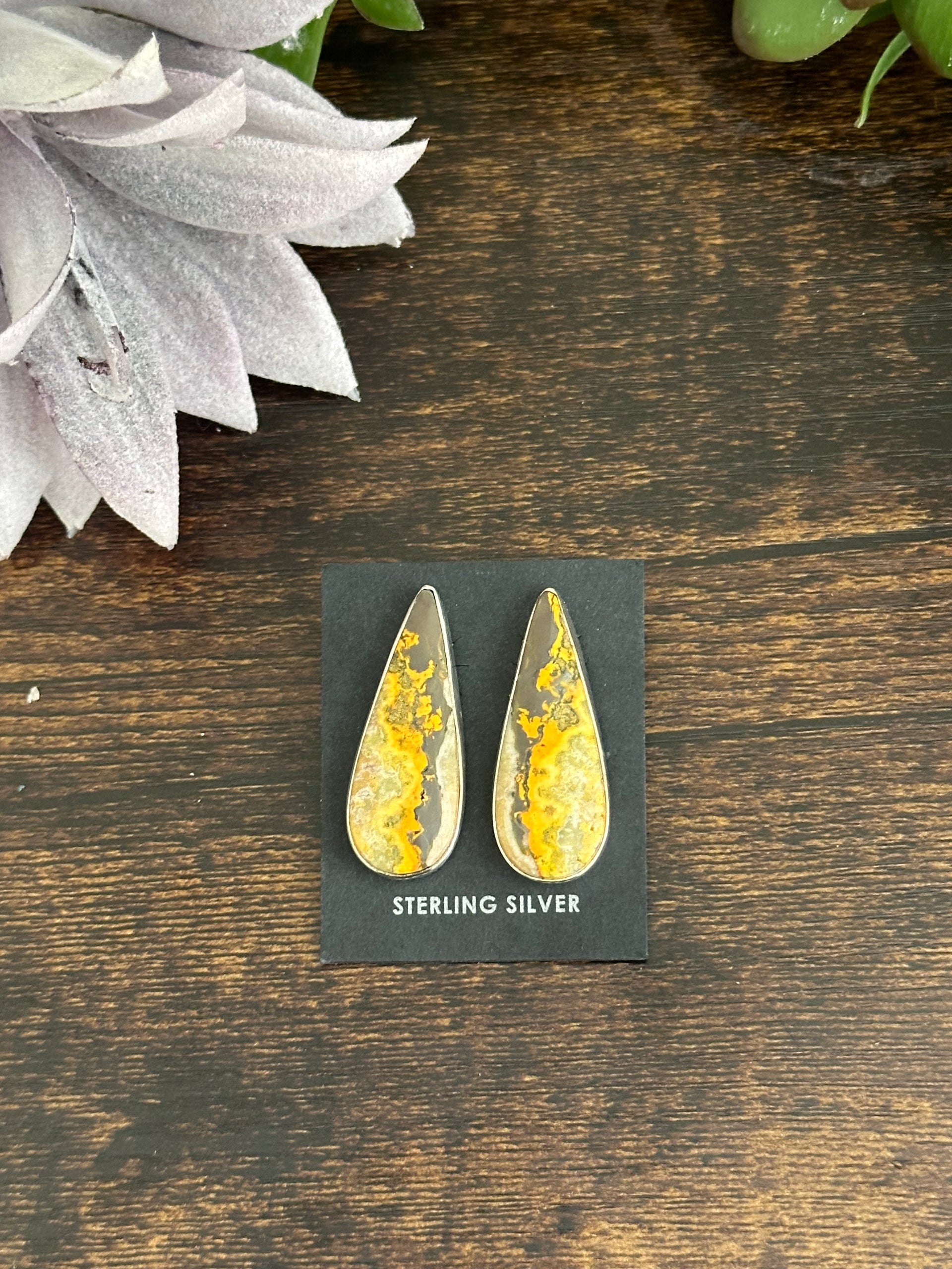 Navajo Made Bumblebee Jasper & Sterling Silver Post Dangle Earrings