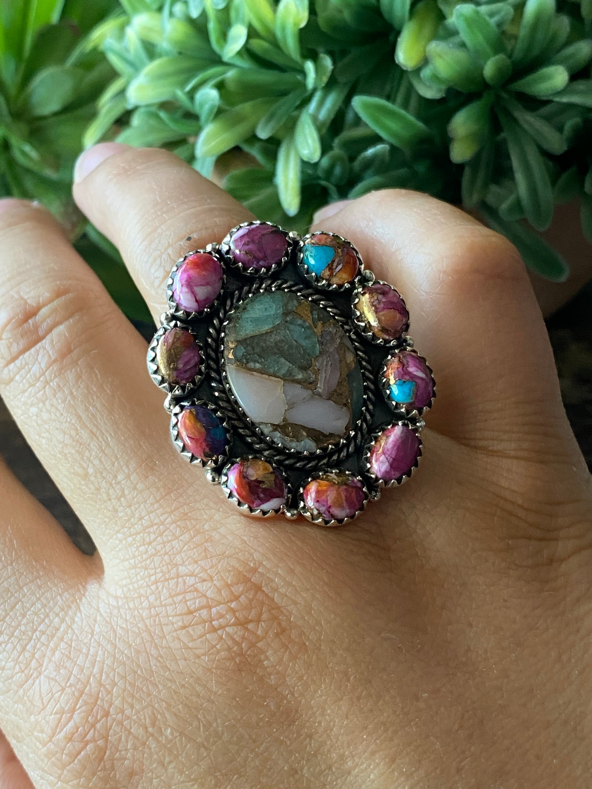Southwest Handmade Multi Stone & Sterling Silver Adjustable Cluster Ring