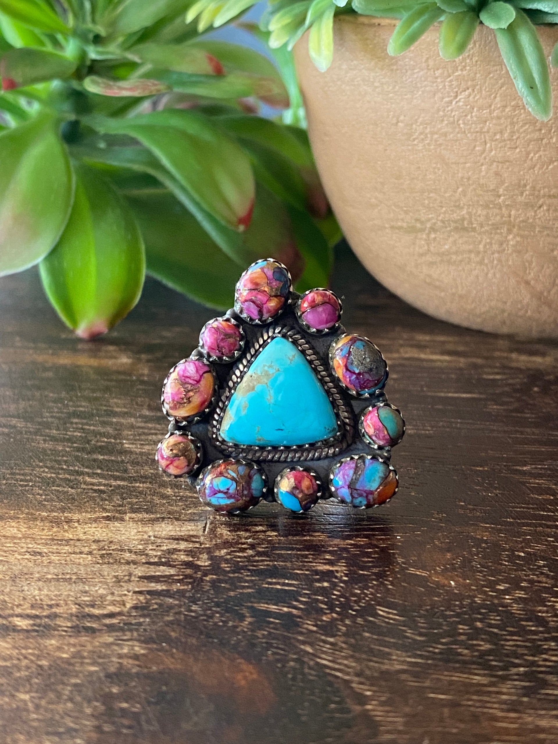 Southwest Handmade Multi Stone & Sterling Silver Adjustable Cluster Ring