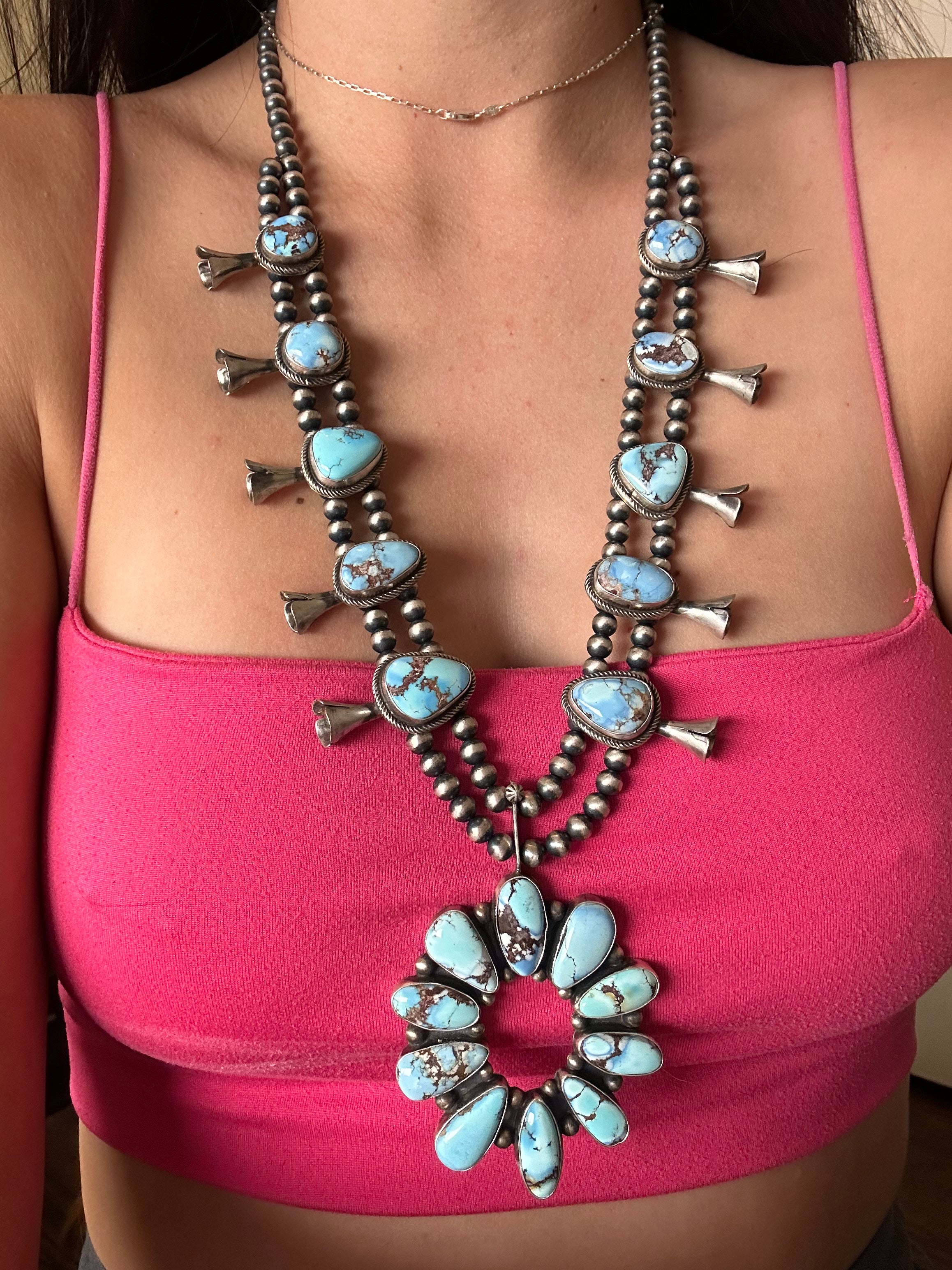 Kathleen Chavez Golden Hills Turquoise & Sterling Silver Squash Blossom Necklace Set