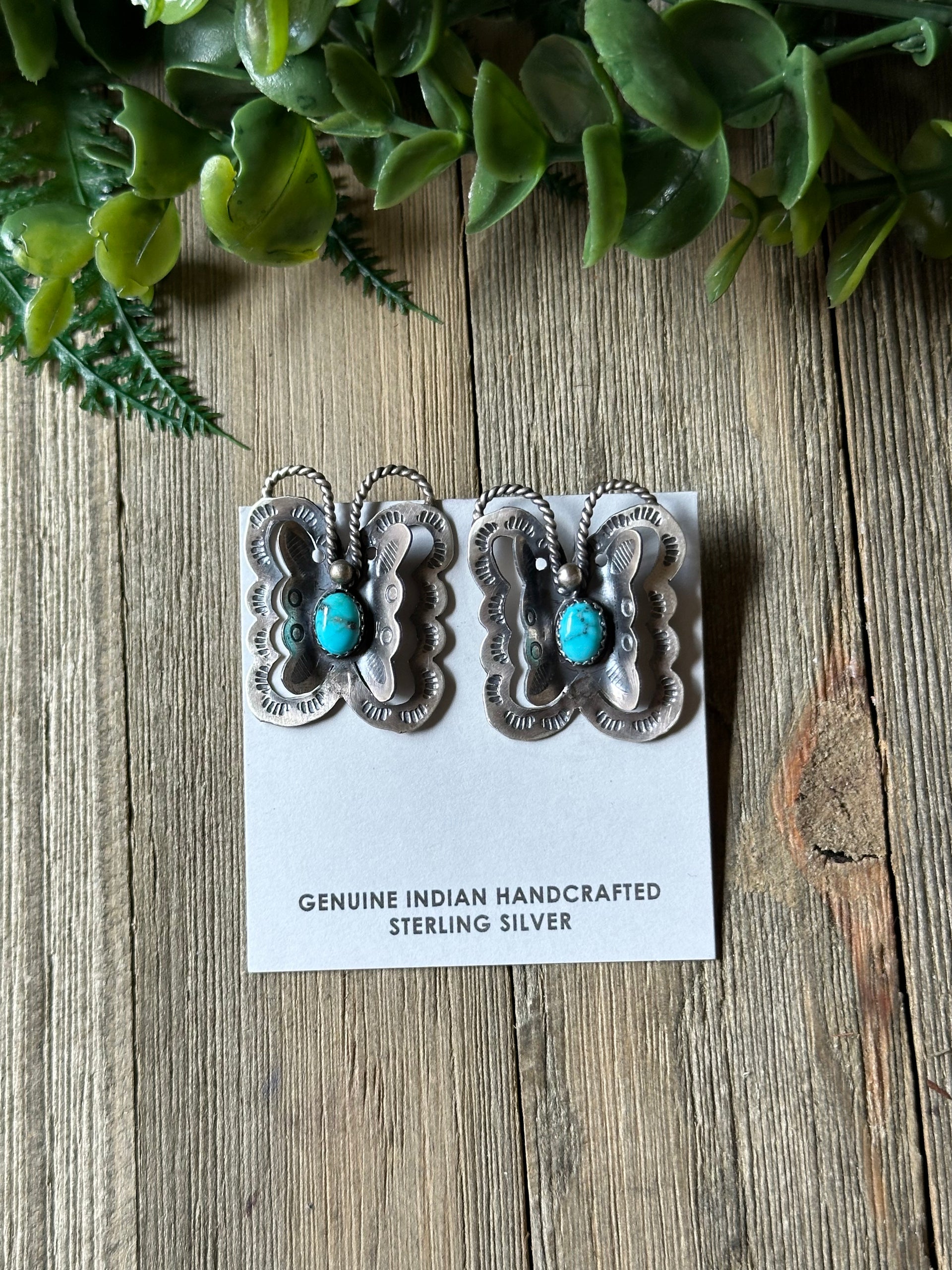 Tim Yazzie Kingman Turquoise & Sterling Silver Post Dangle Butterfly Earrings