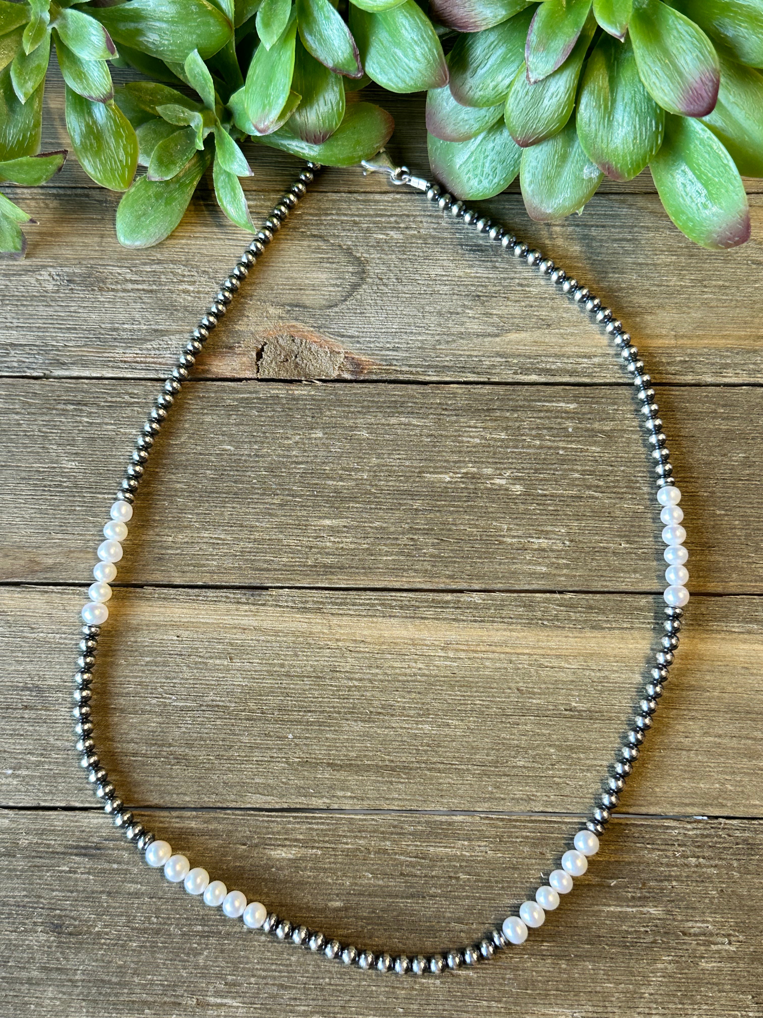Navajo Strung Fresh Water Pearls & Sterling Silver Beaded Pearl Necklace
