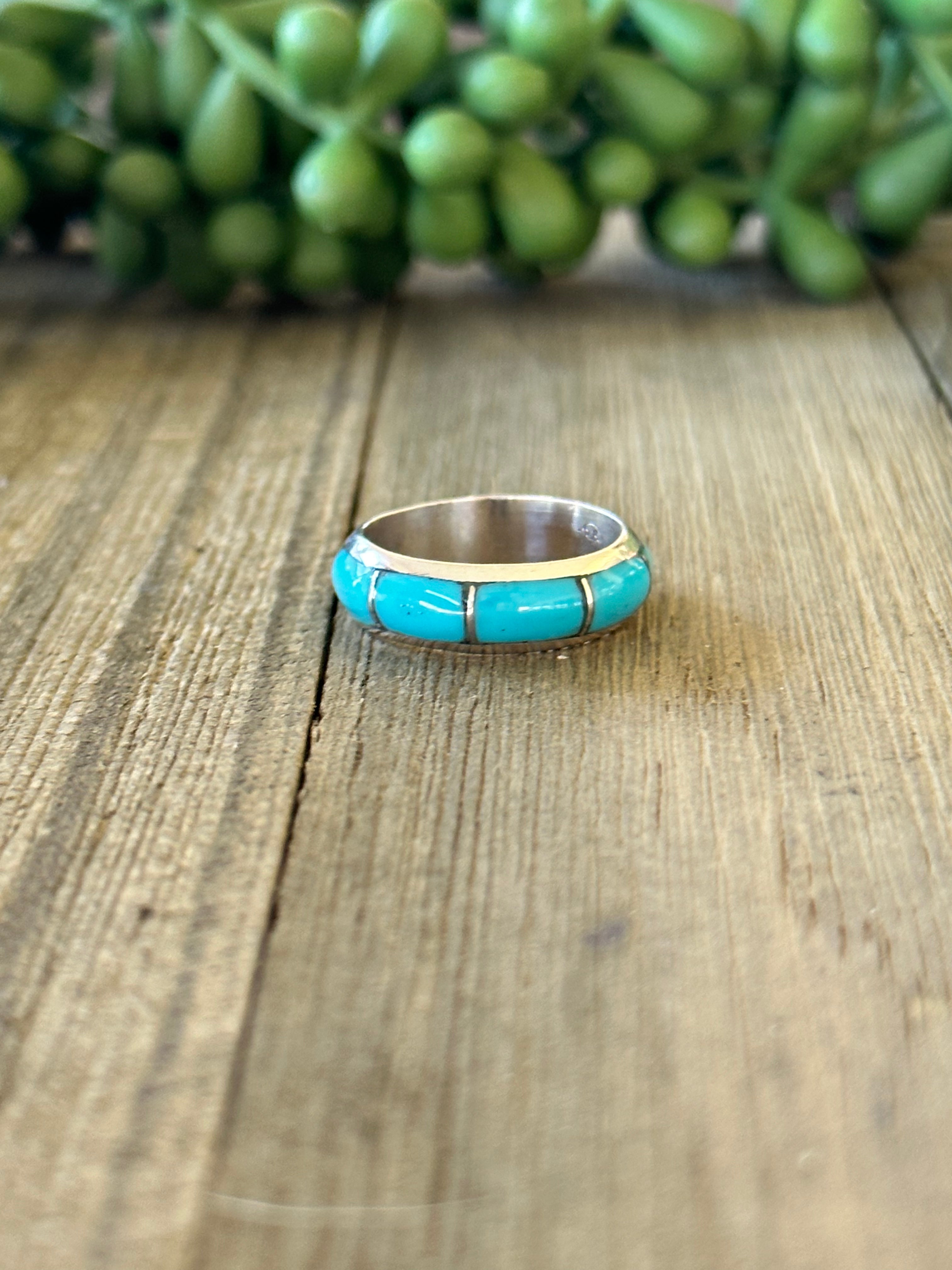 Navajo Handmade Kingman Turquoise & Sterling Silver Inlay Ring