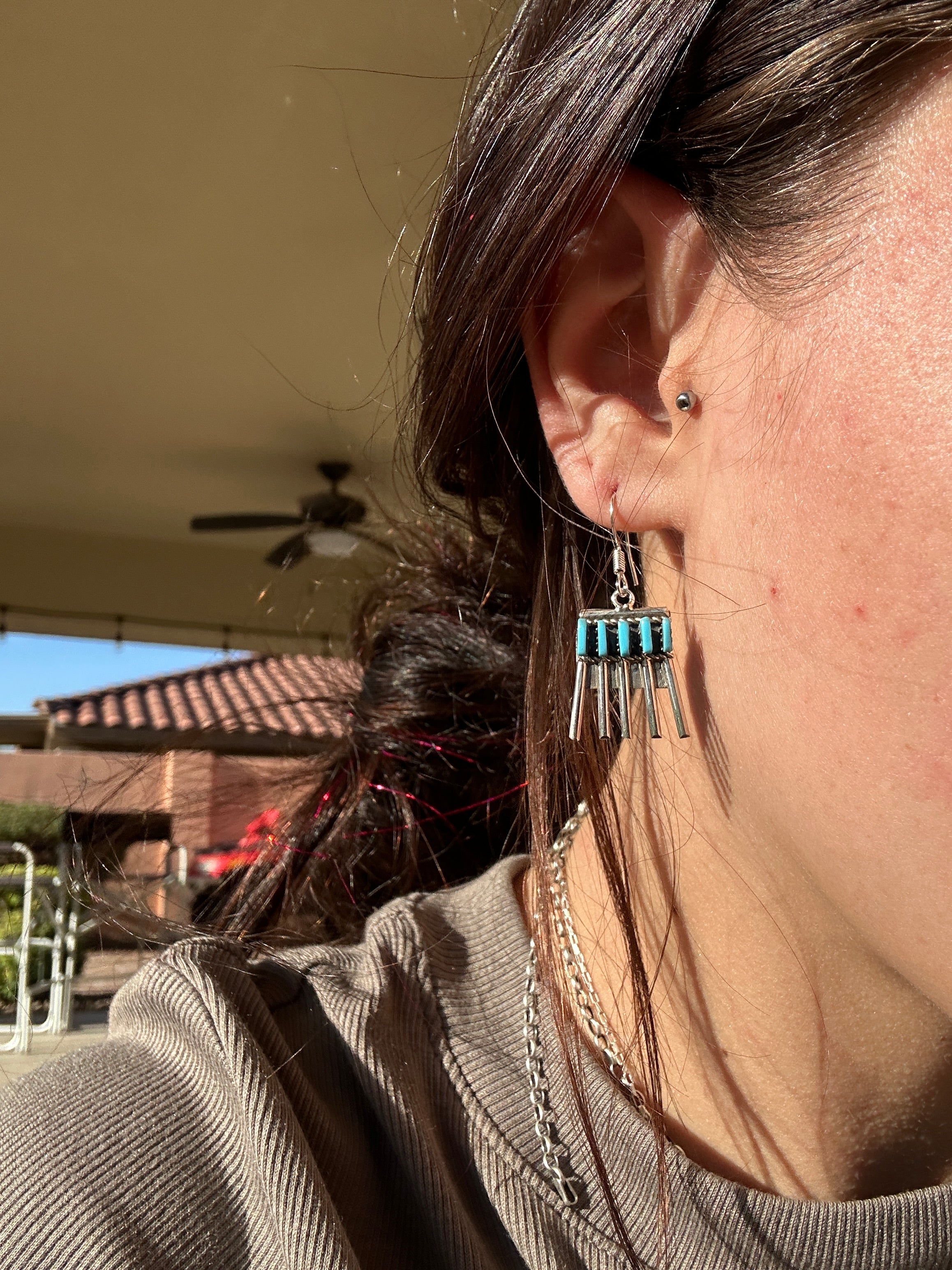 Zuni Made Turquoise & Sterling Silver Dangle Earrings