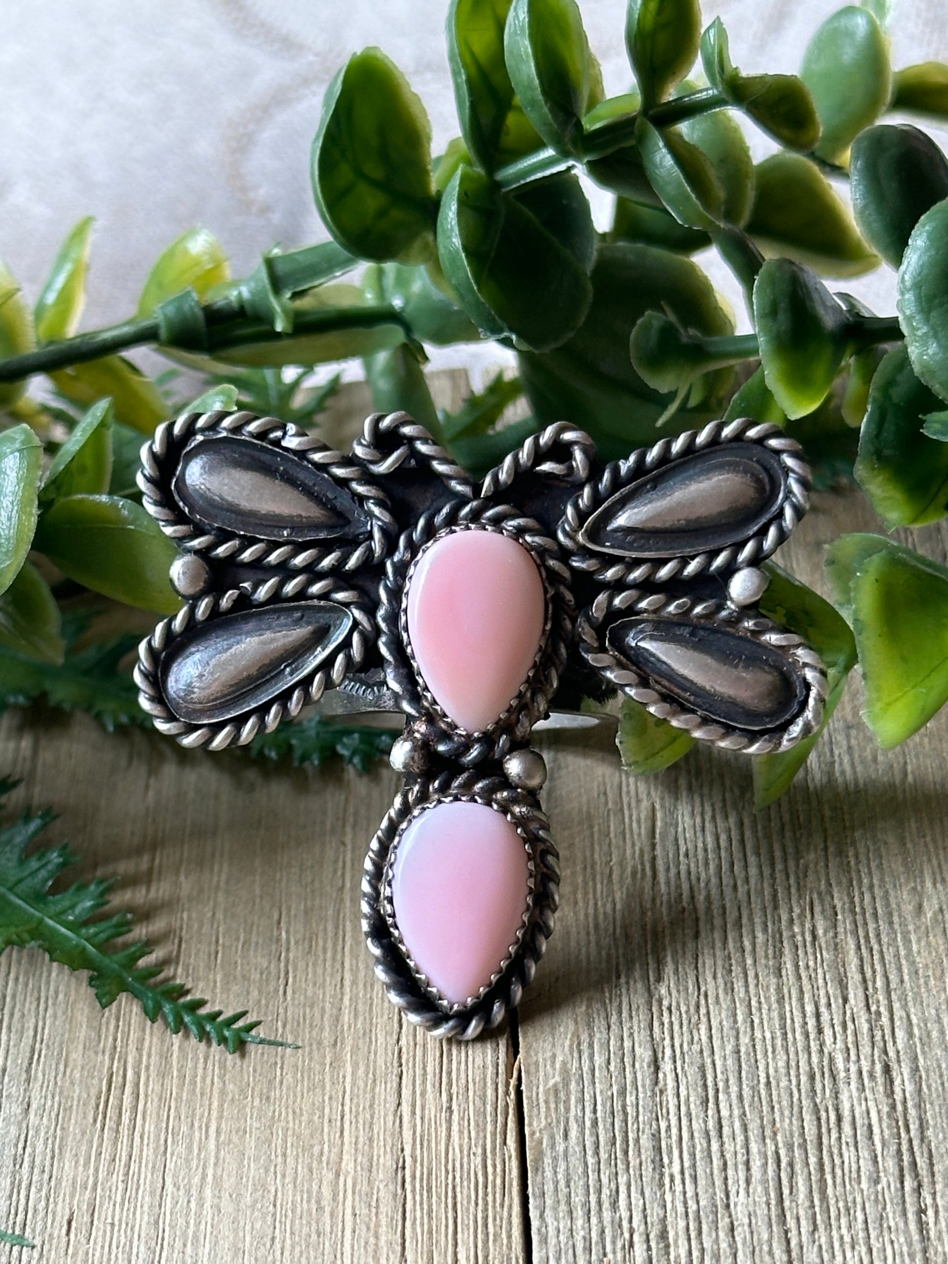Kindale Billah Pink Conch & Sterling Silver Dragonfly Adjustable Ring