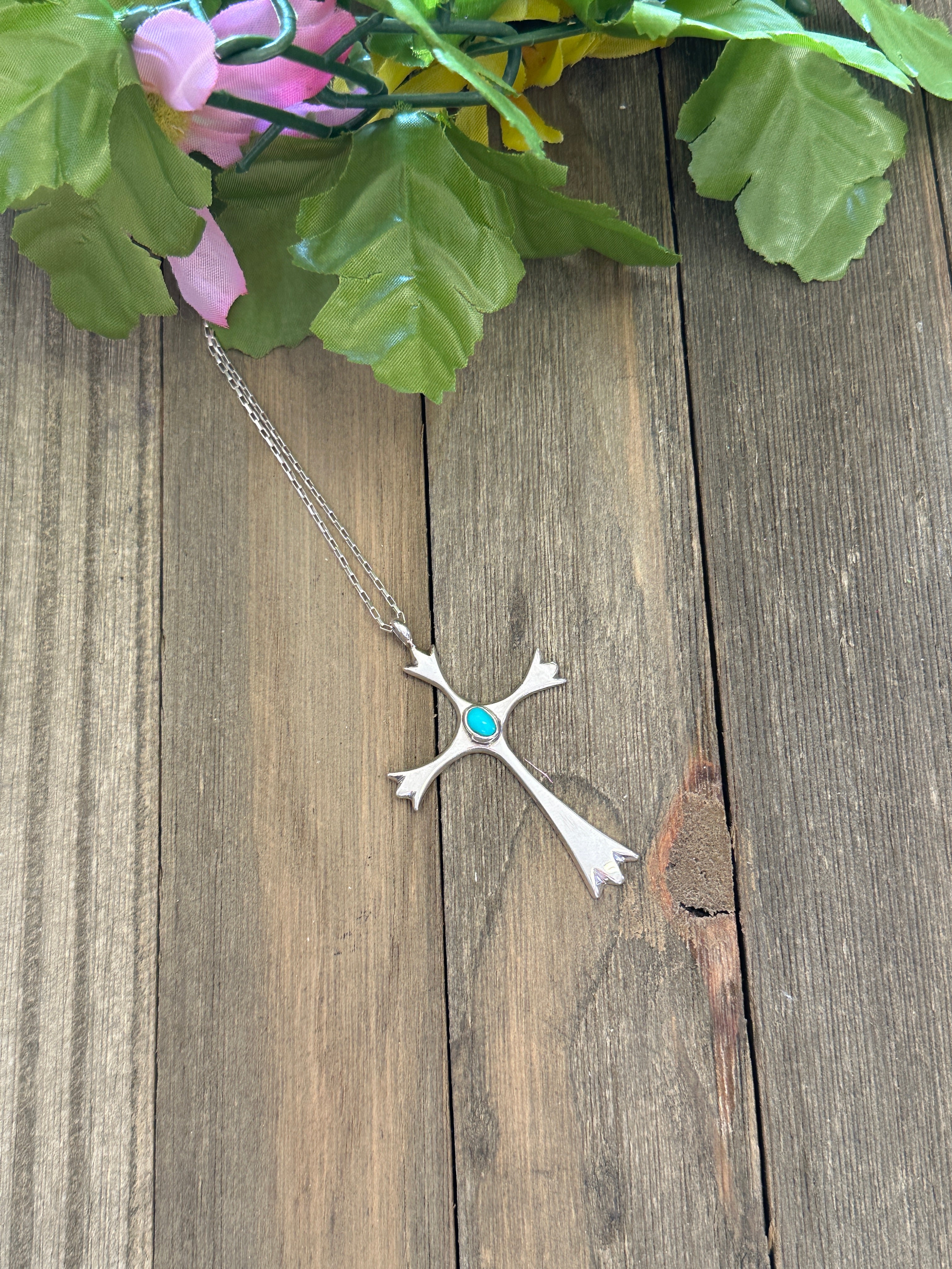 Navajo Made Kingman Turquoise & Sterling Silver Cross Pendant