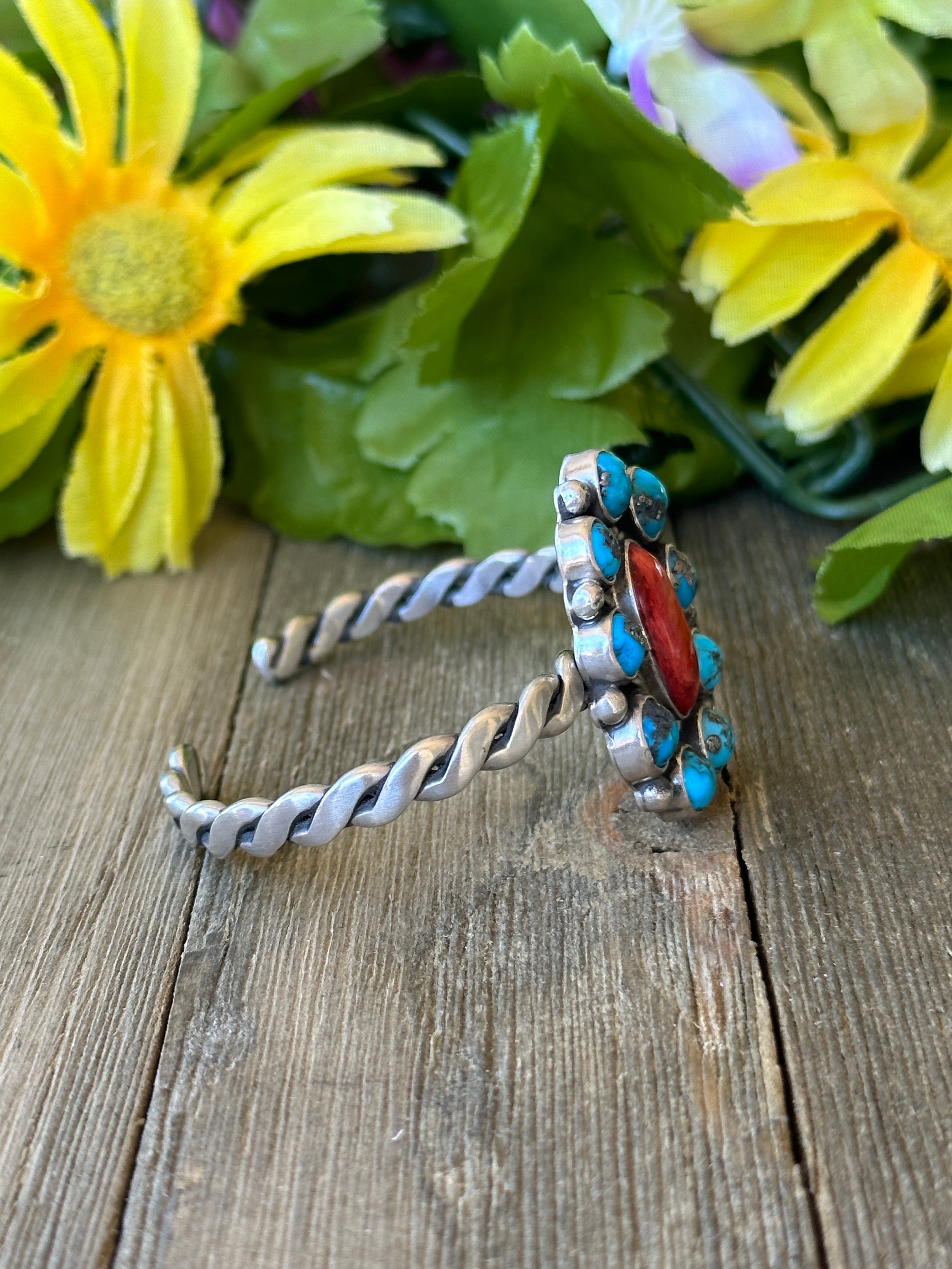 Navajo Made Multi Stone & Sterling Silver Cluster Cuff Bracelet