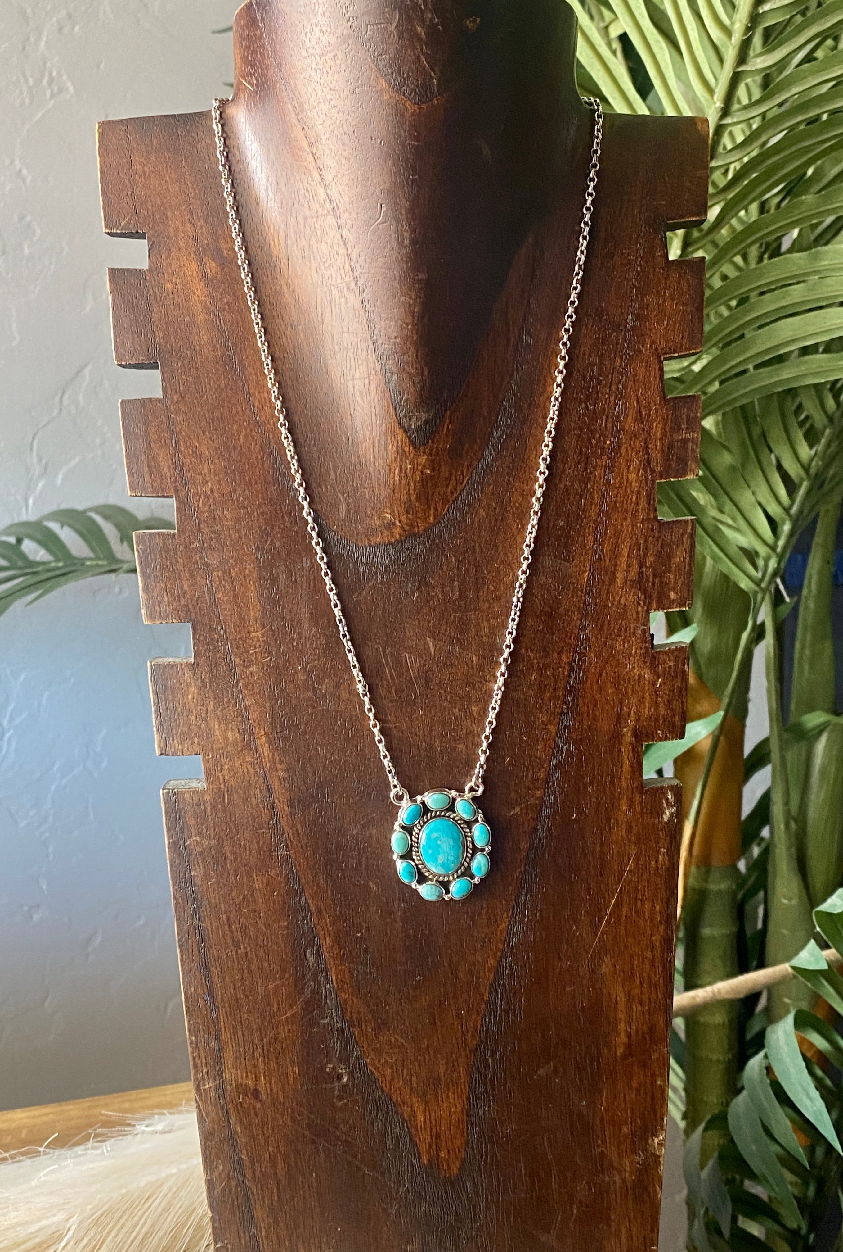 Southwest Handmade Kingman Turquoise & Sterling Silver Cluster Necklace