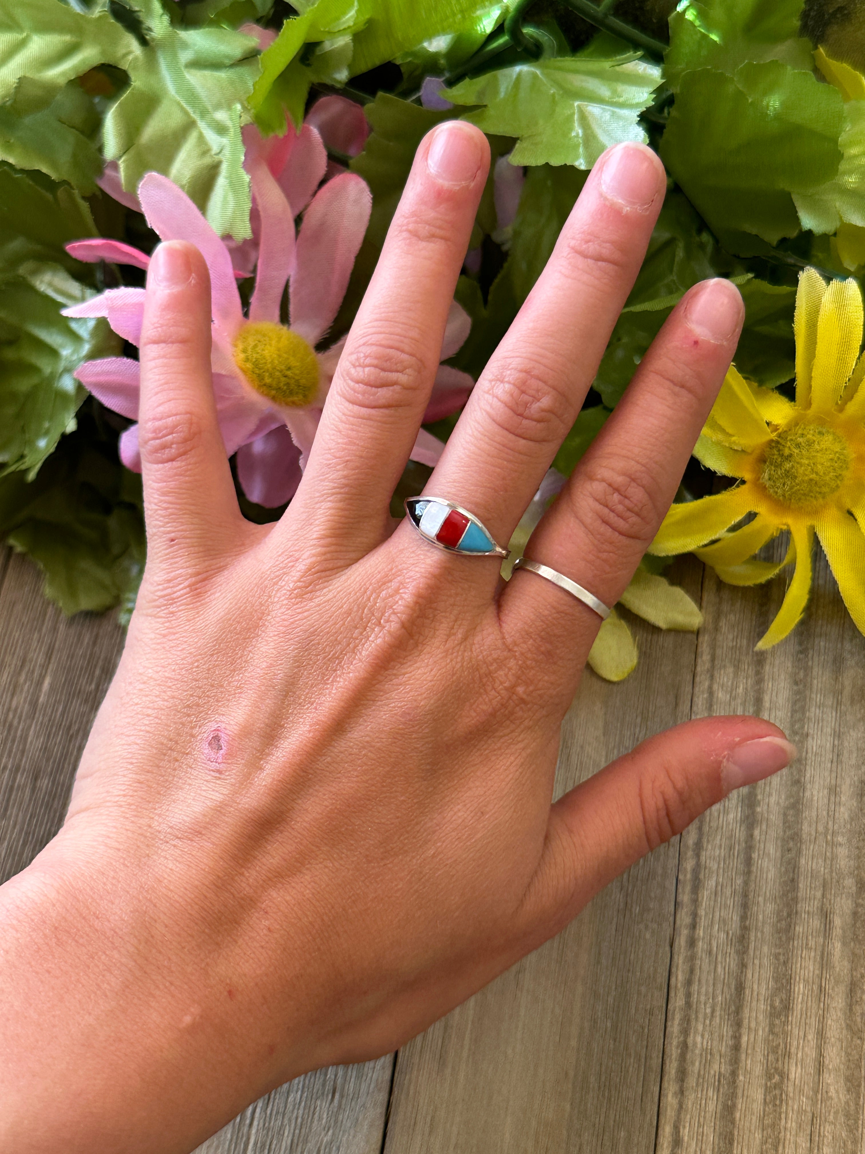 Navajo Made Multi Stone & Sterling Silver Inlay Ring