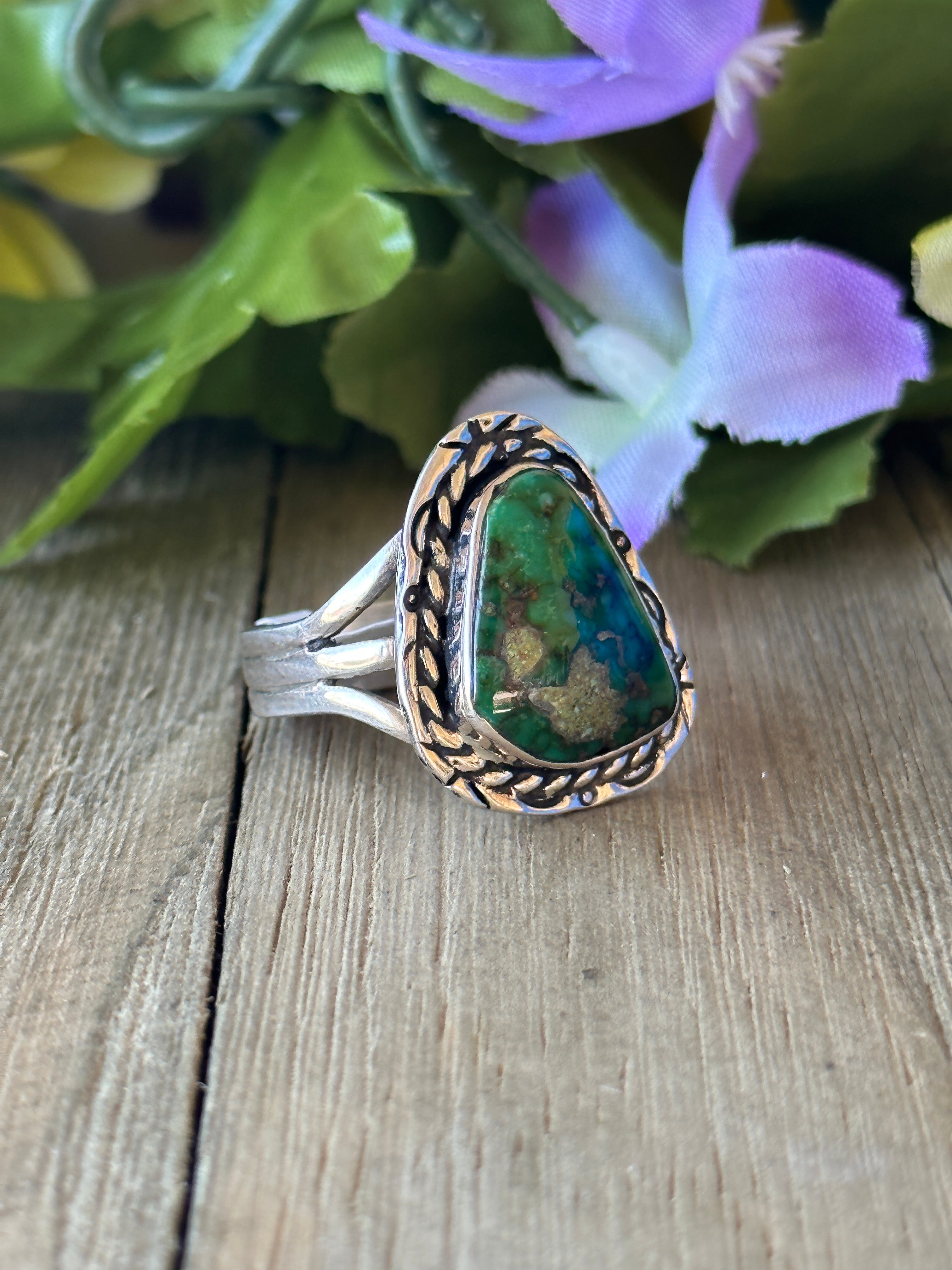 Navajo Made Sonoran Gold Turquoise & Sterling Silver Ring Size 10.75