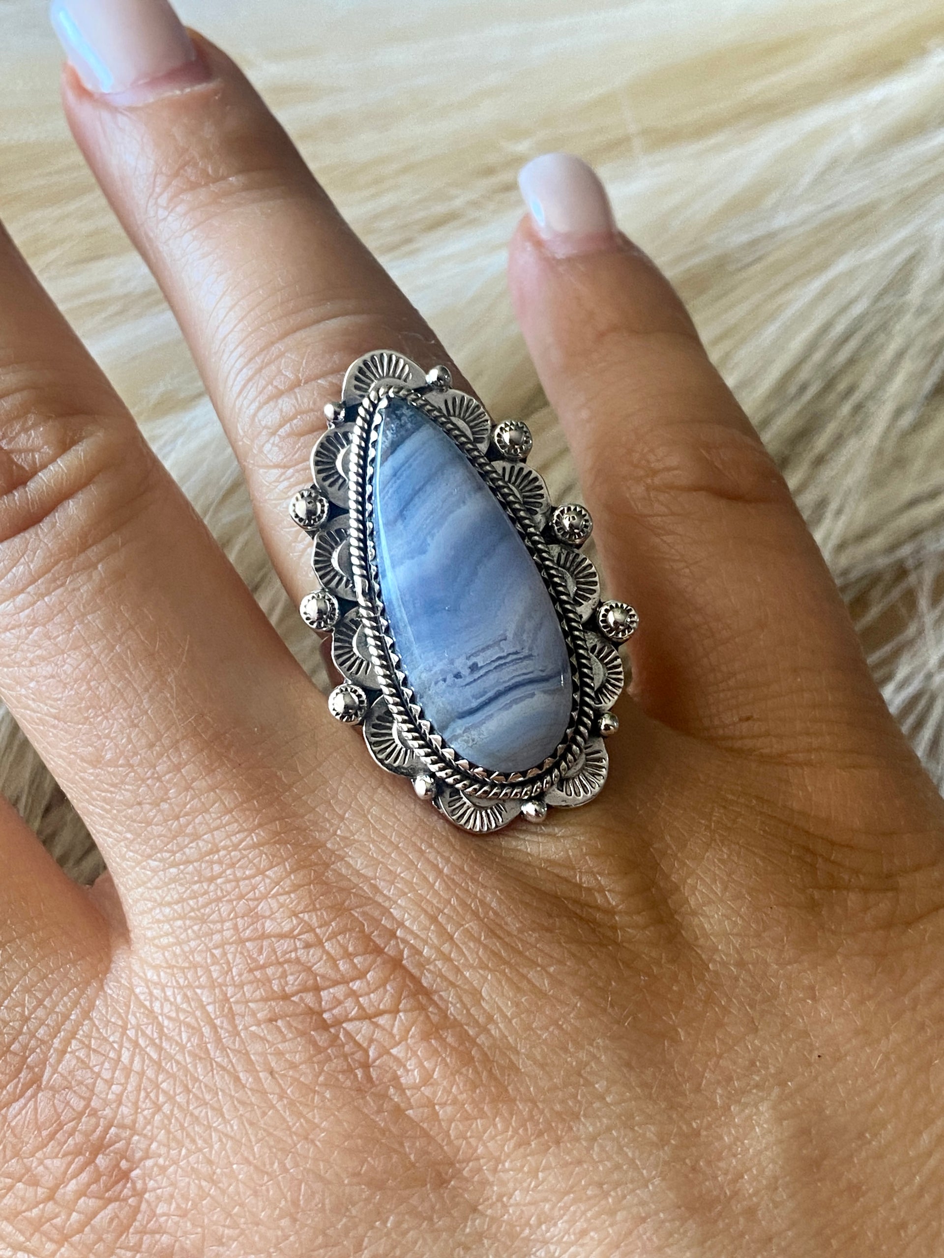 Southwest Handmade Blue Lace Agate & Sterling Silver Adjustable Ring