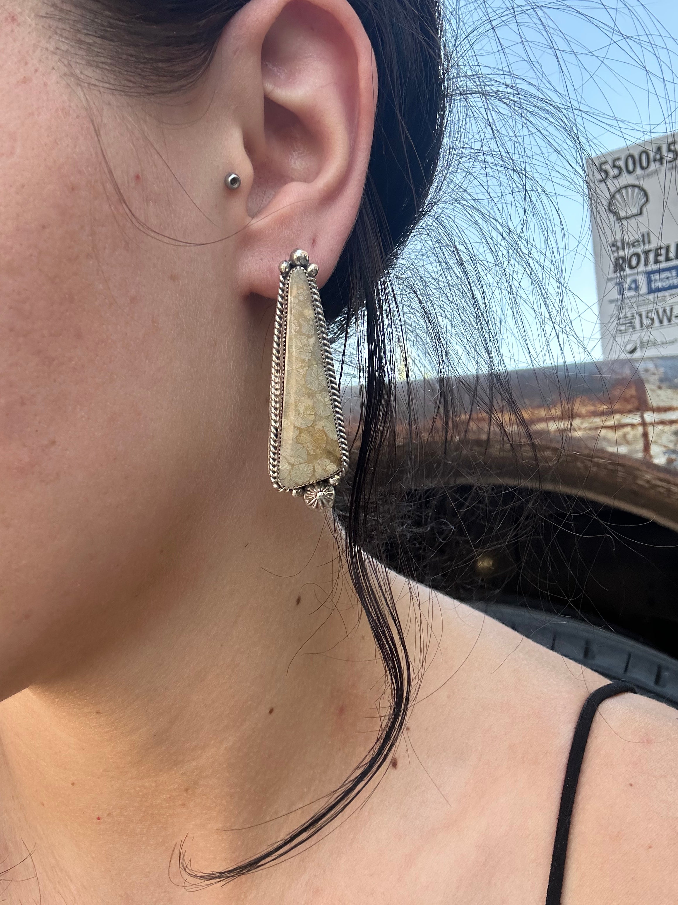 Navajo Made Ocean Fossil & Sterling Silver Post Dangle Earrings