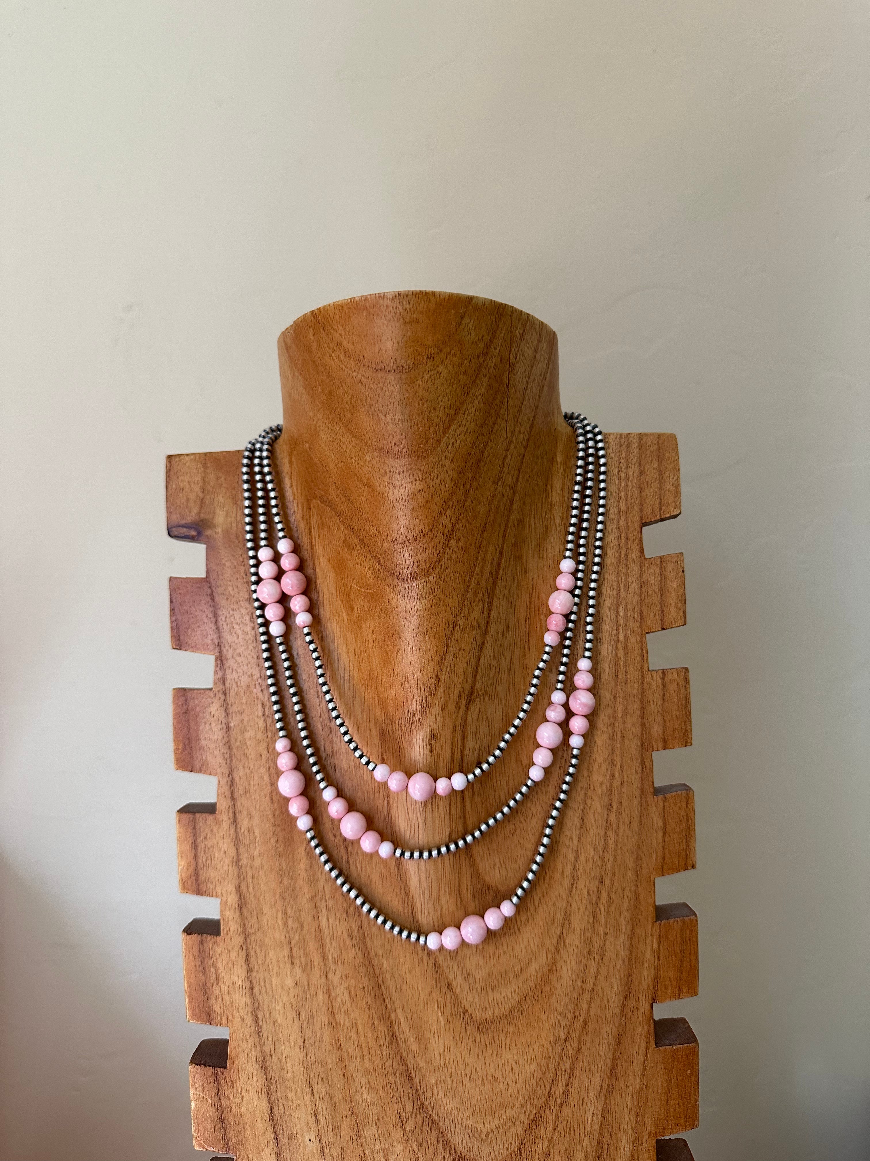 Navajo Strung Pink Conch & Sterling Silver 3 MM Pearls Beaded Necklace