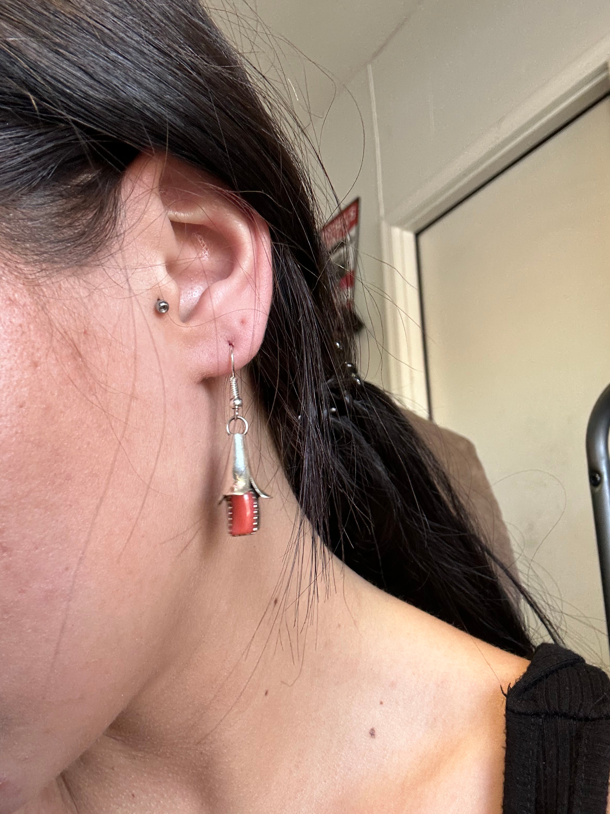 Navajo Made Coral & Sterling Silver Blossom Dangle Earrings