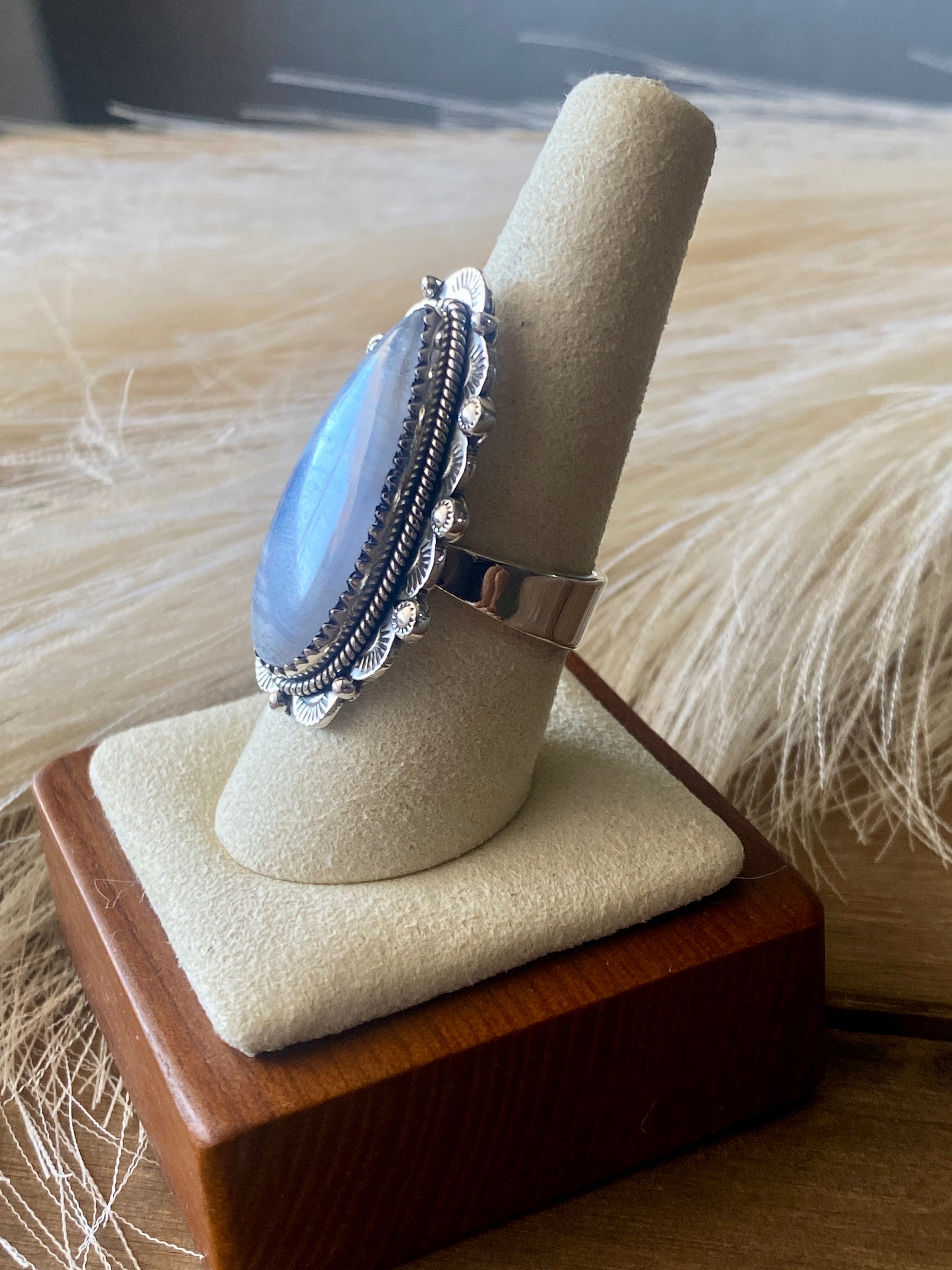 Southwest Handmade Blue Lace Agate & Sterling Silver Adjustable Ring