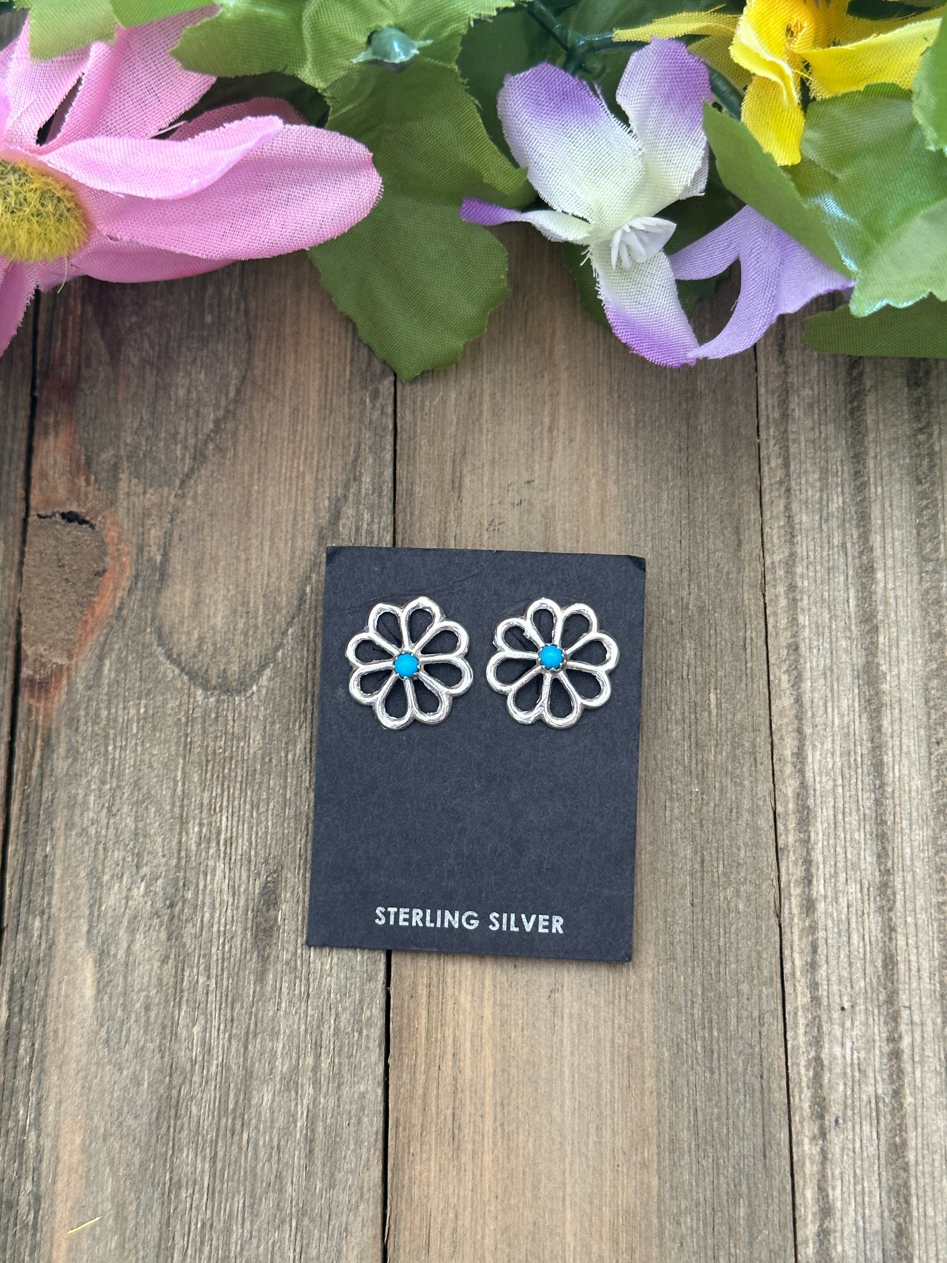 Navajo Made Kingman Turquoise & Sterling Silver Post Flower Earrings
