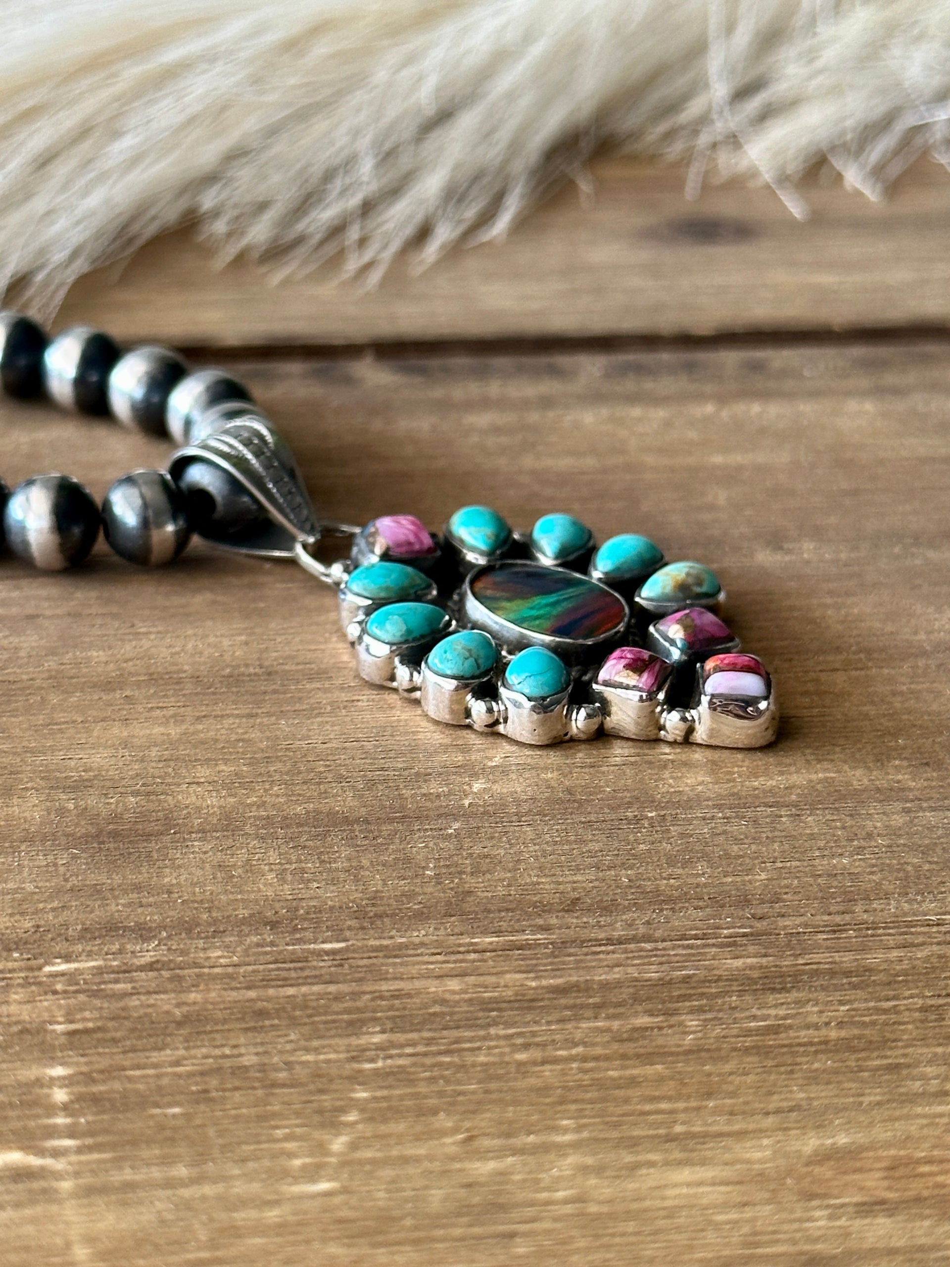 #5 Southwest Handmade Multi Stone & Sterling Silver Cluster Pendant