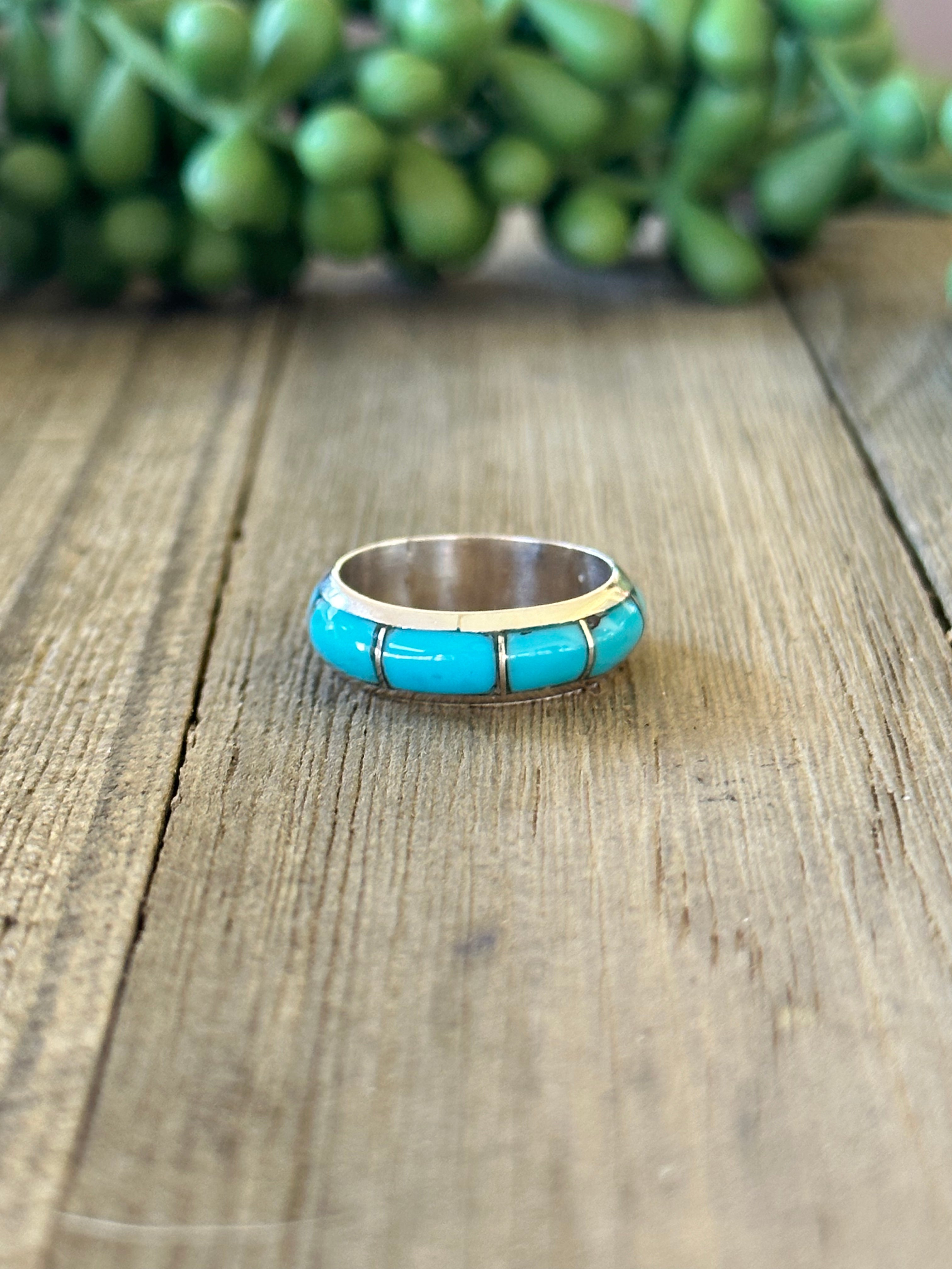 Navajo Handmade Kingman Turquoise & Sterling Silver Inlay Ring